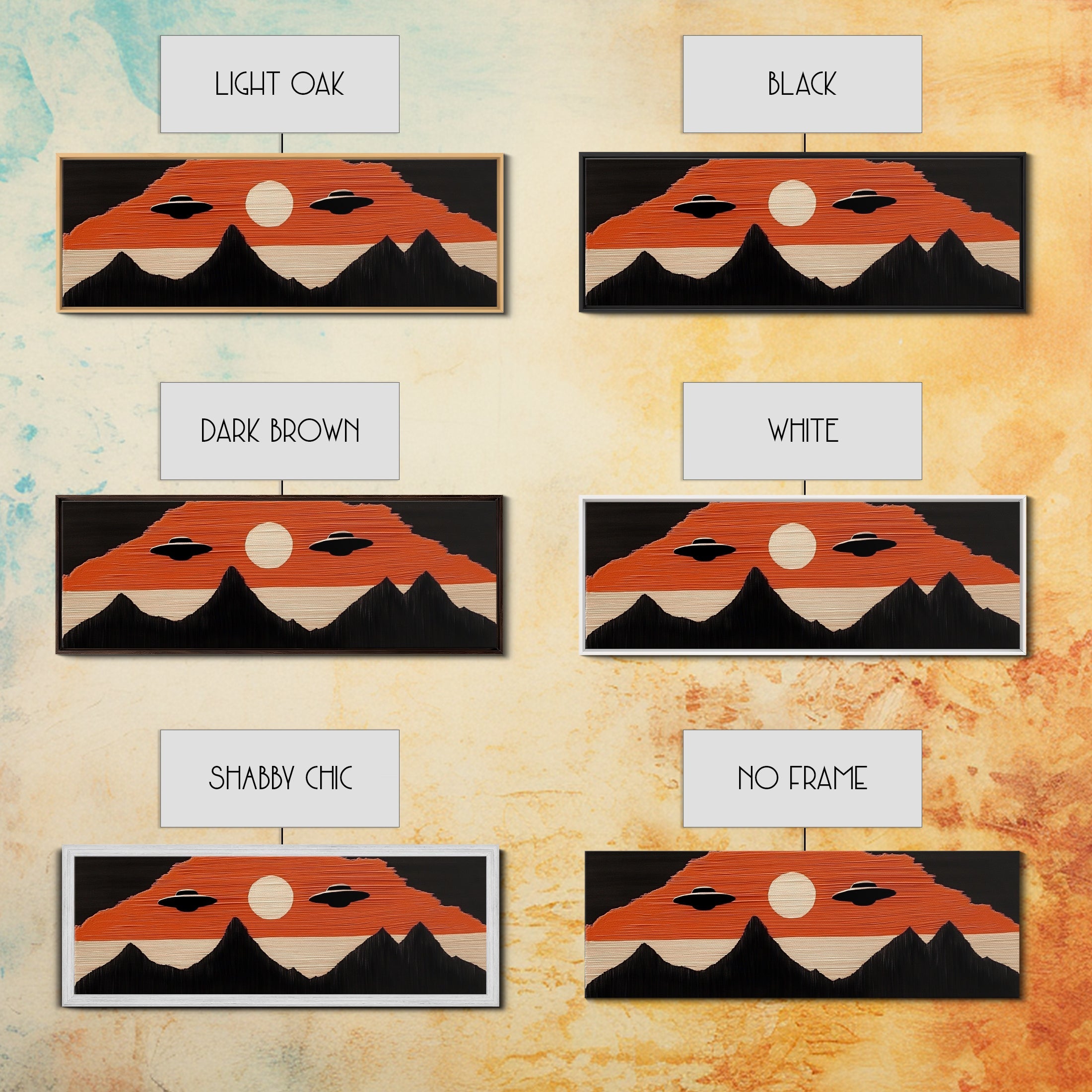 Flying Saucers over The Mountains - Retro Art Deco Inspired Scifi Art - Panoramic Print - Cute Nursery Decor