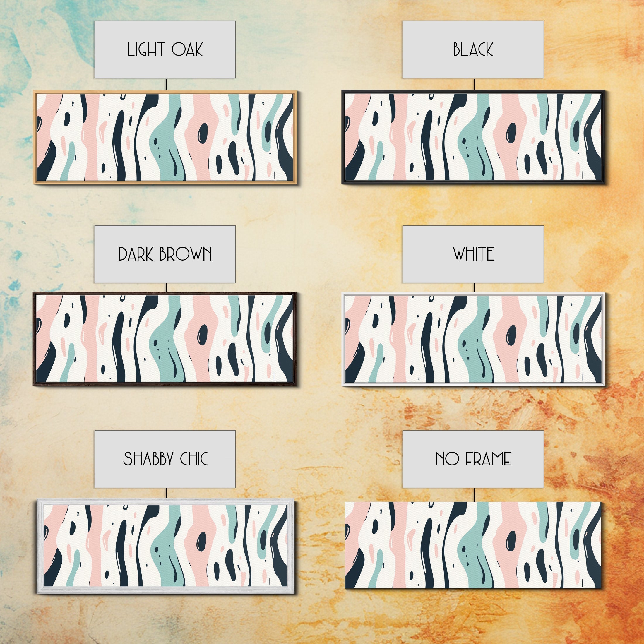 Retro Pink and Turquoise Animal Print Abstract Art, Framed Canvas Print, Wood Framed Extra Large Panoramic Art, 20x60 Art, 24x72 Art