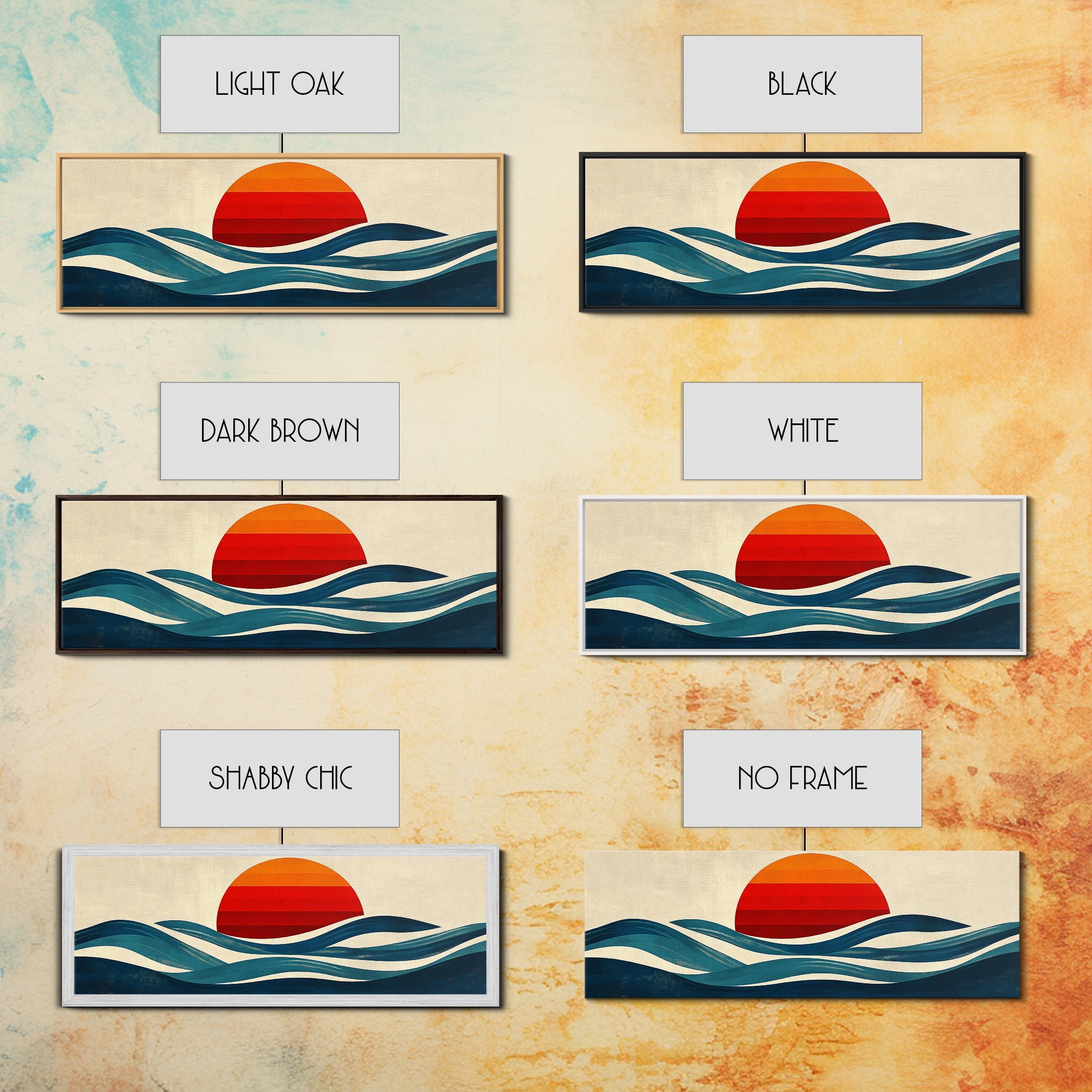 Retro Art Deco Sunset over The Ocean, Framed Canvas Print, Vector Image Style Artwork, Wood Frame, Boho / Eclectic Home Decor, Minimalist Decor