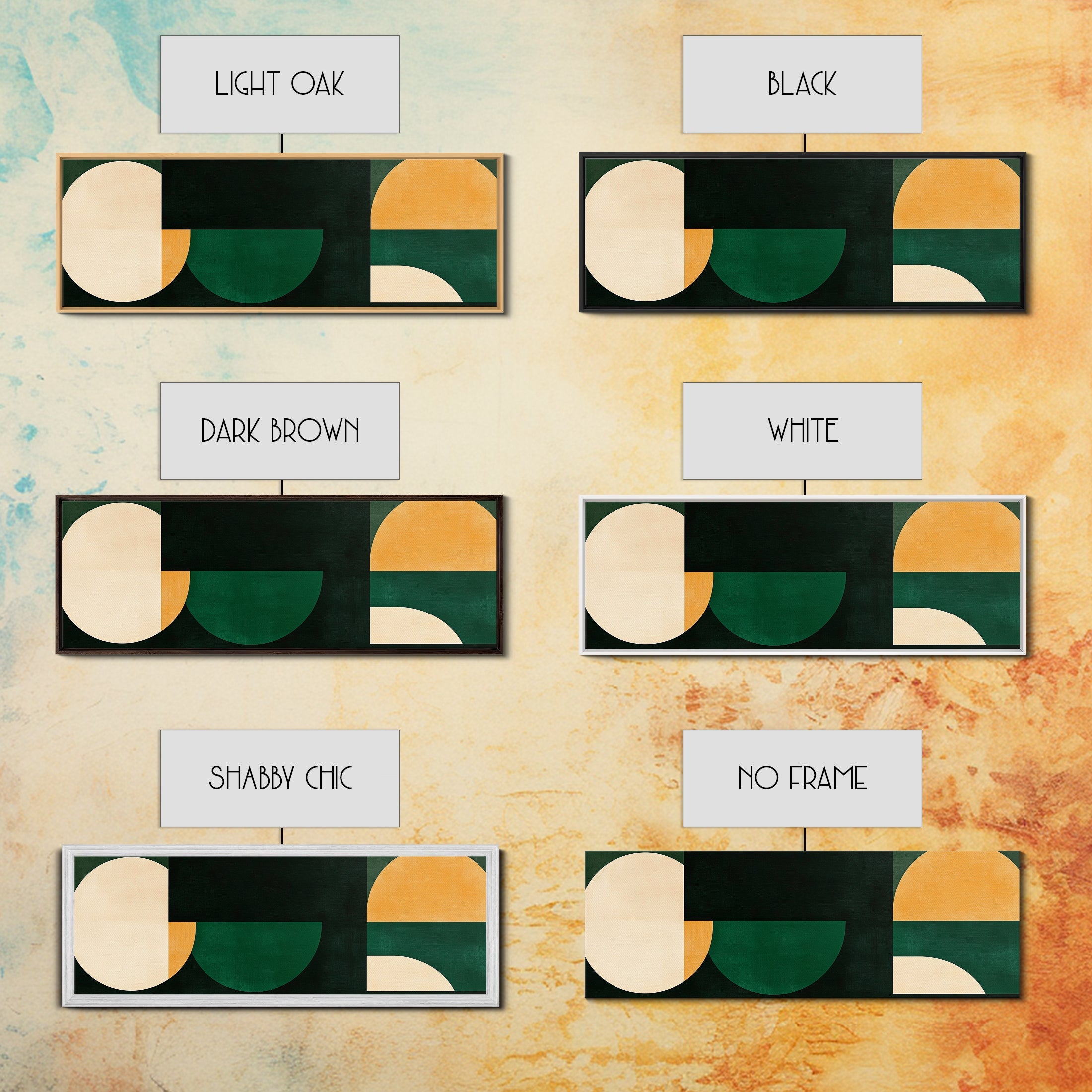 Squares and Circles, Geometric Pattern MCM Wall Art, Panoramic Framed Canvas Print, Wide and Narrow Art, Above Sofa living Room Wall Art