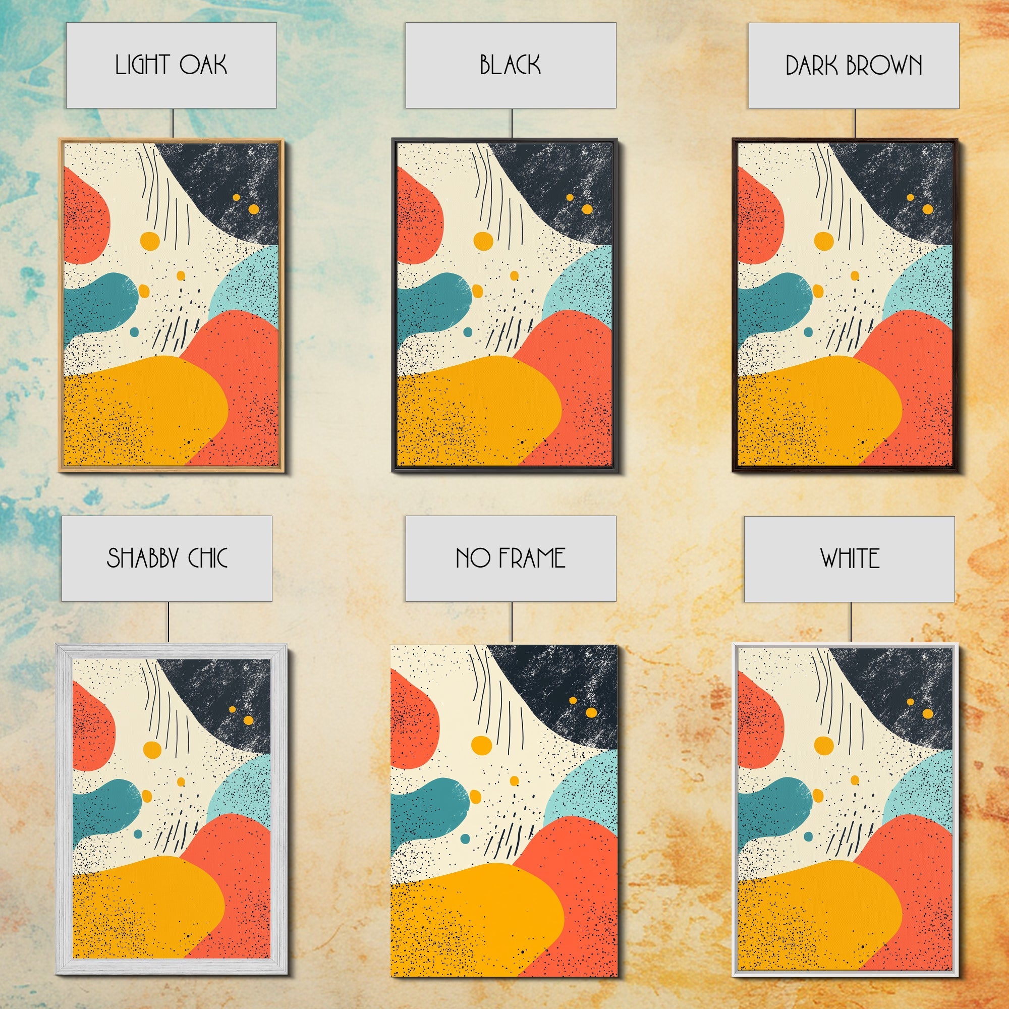 Framed Canvas Print, Retro 90s Style Wall Art, Orange, Turquoise and White Art, Modern Wall Art, Mid-Century Art