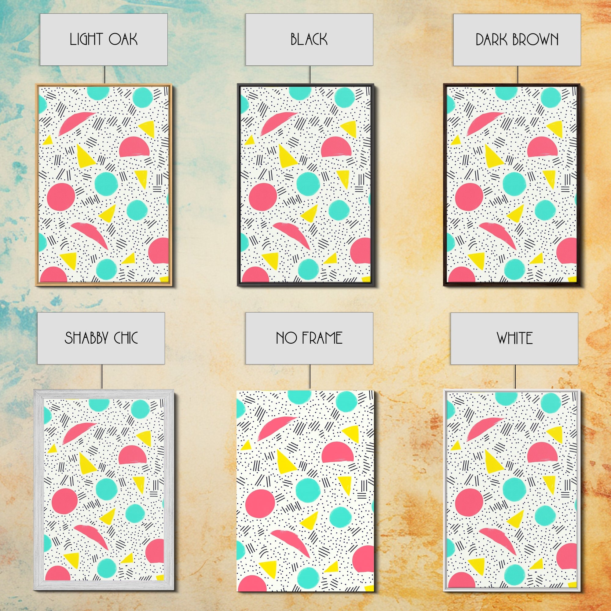 Retro Style Preppy Wall Art Framed Canvas Print, 90s Style Shopping Mall Style Abstract Art