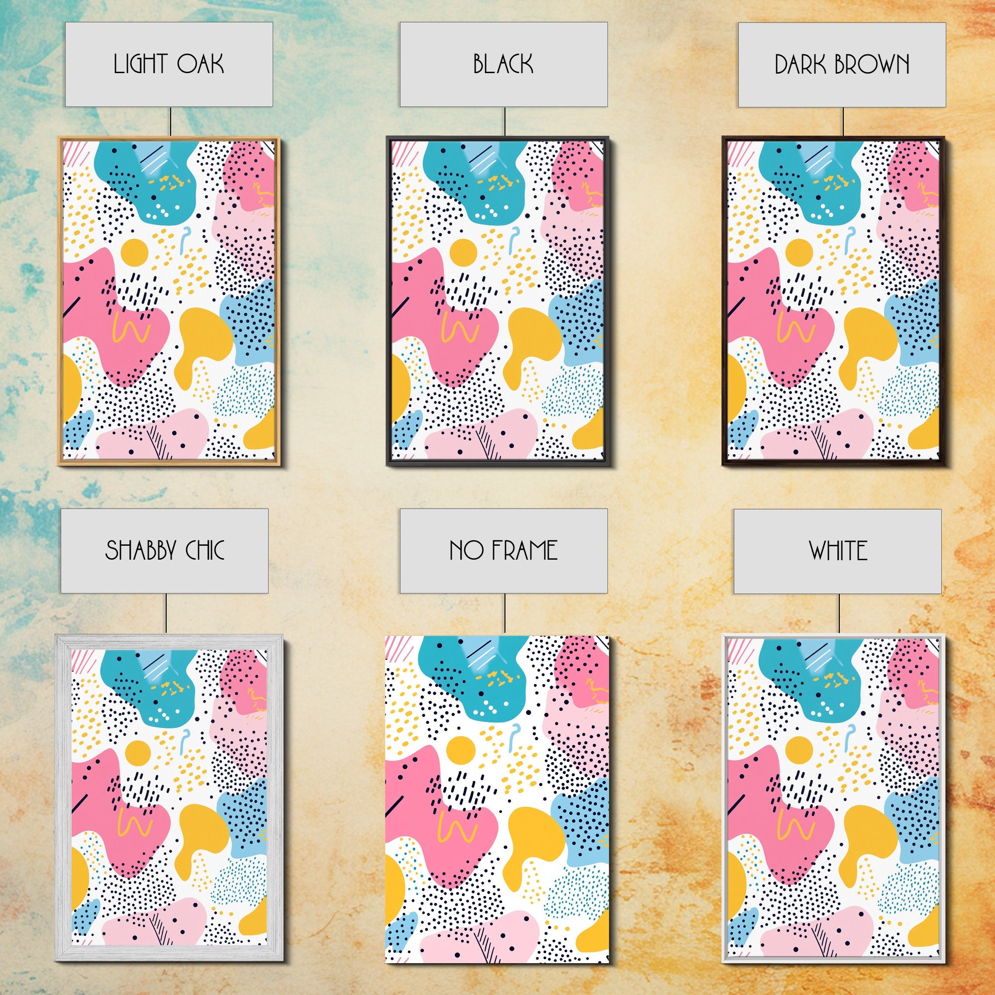 Retro 90s Style Wall Art, Framed Canvas Print, Abstract Shapes and Dots