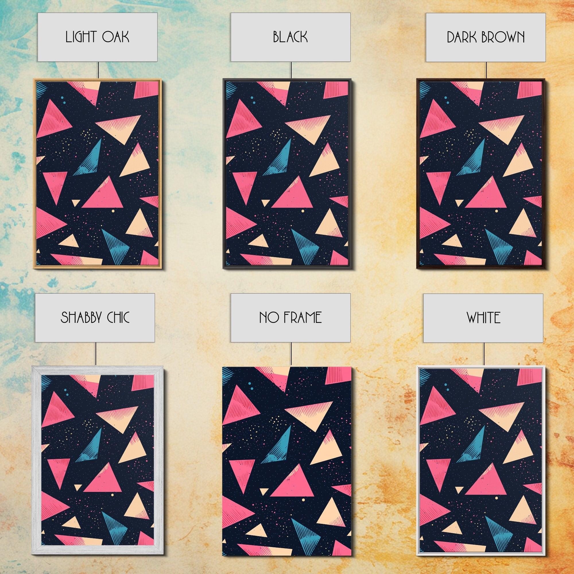 Retro 90s Style Wall Art Framed Canvas Print, Synthwave Abstract Triangles