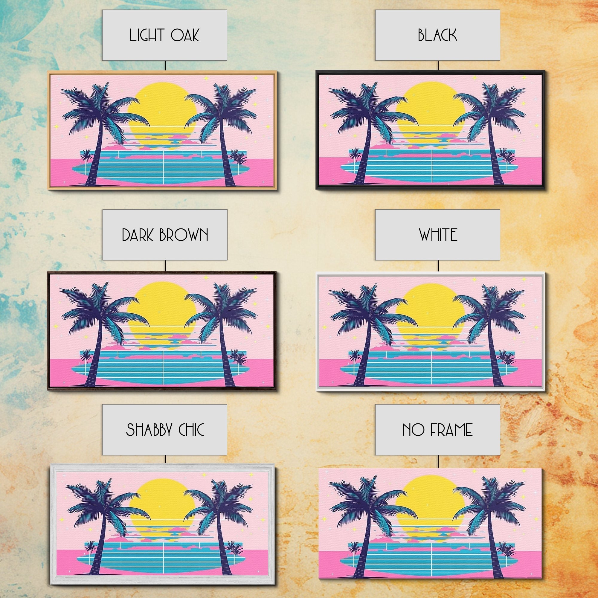 Retro Synthwave Wall Art, Outrun Home Decor Framed Canvas Print, Two Palm Trees and a Sunset