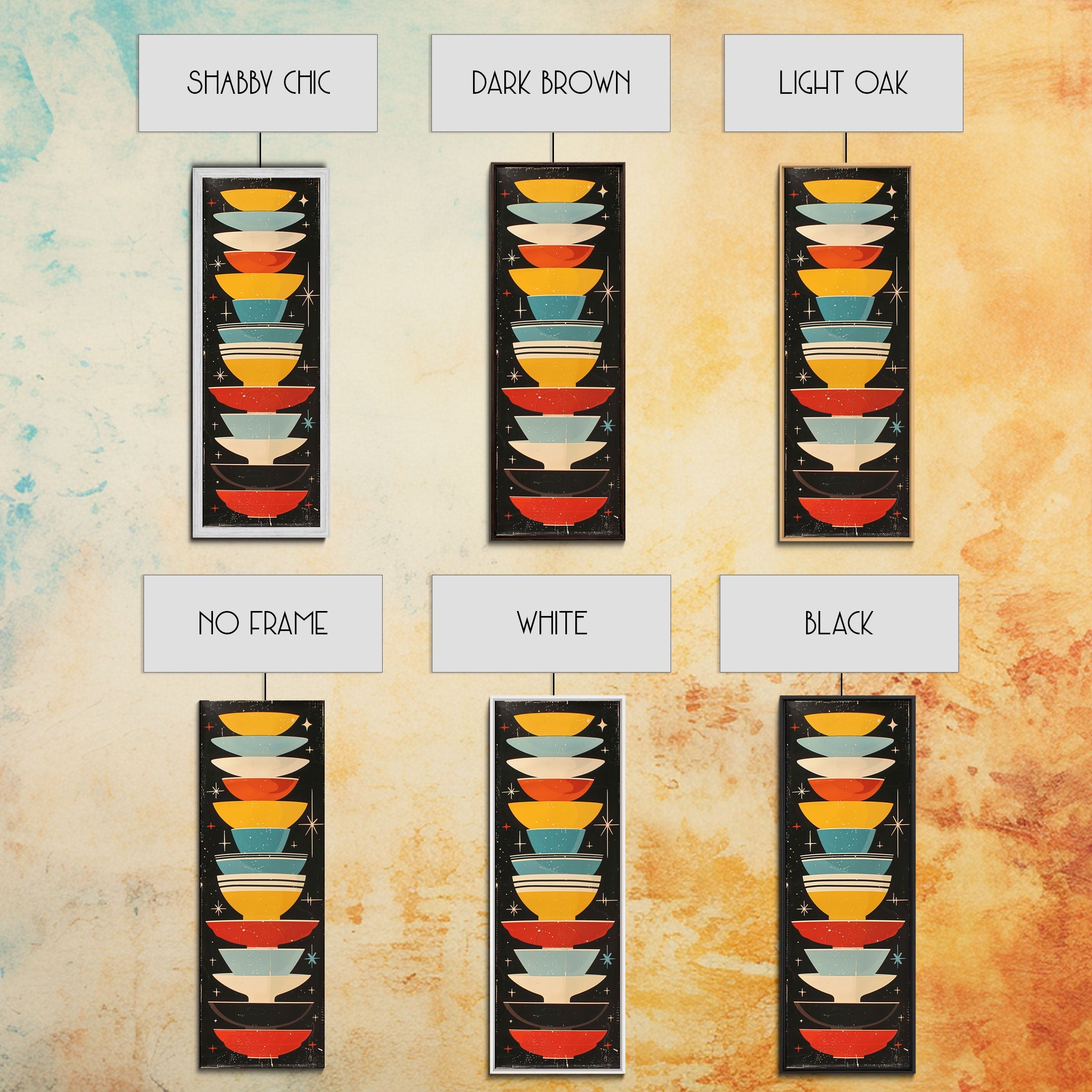 Retro Stacked Bowls Art in Midcentury Style - Framed Canvas Print, Skinny Tall Art for Living Room or Bedroom Decor