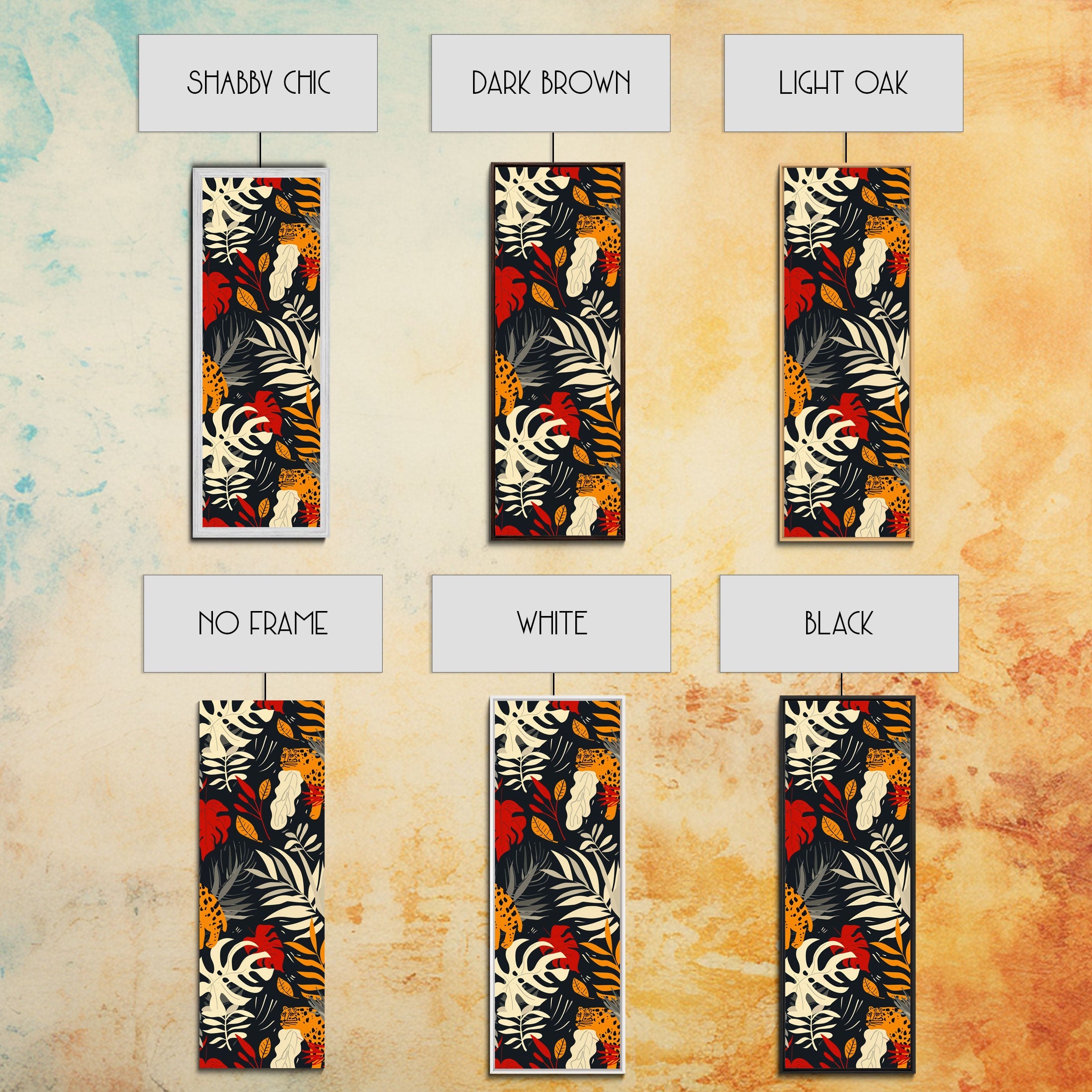 Jungle Foliage and Leopard Design on Black Background - Framed Canvas Print, Midcentury Modern Art, Skinny Art, Tall Art, Living Room Wall Decor, Boho Art