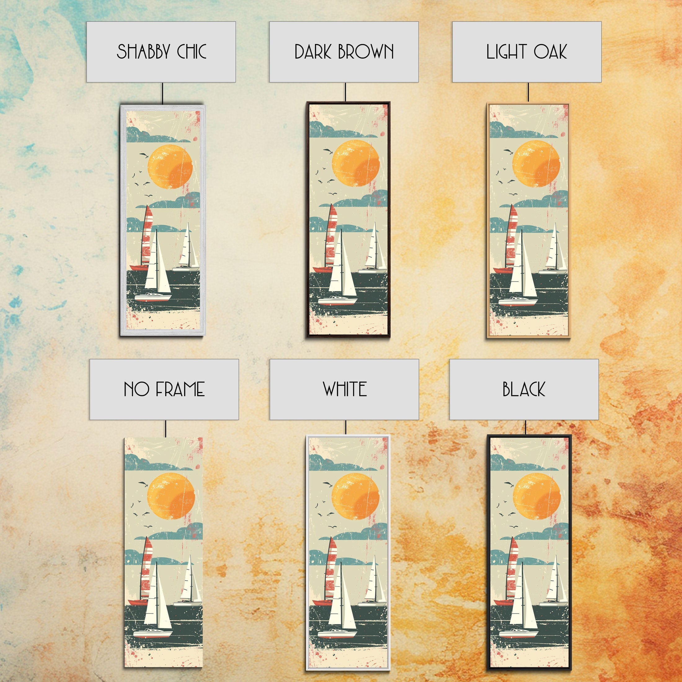 Sailboats Under the Sun, Retro Japanese Art Style Framed Canvas Print, Tall Skinny Art with a Vintage Touch