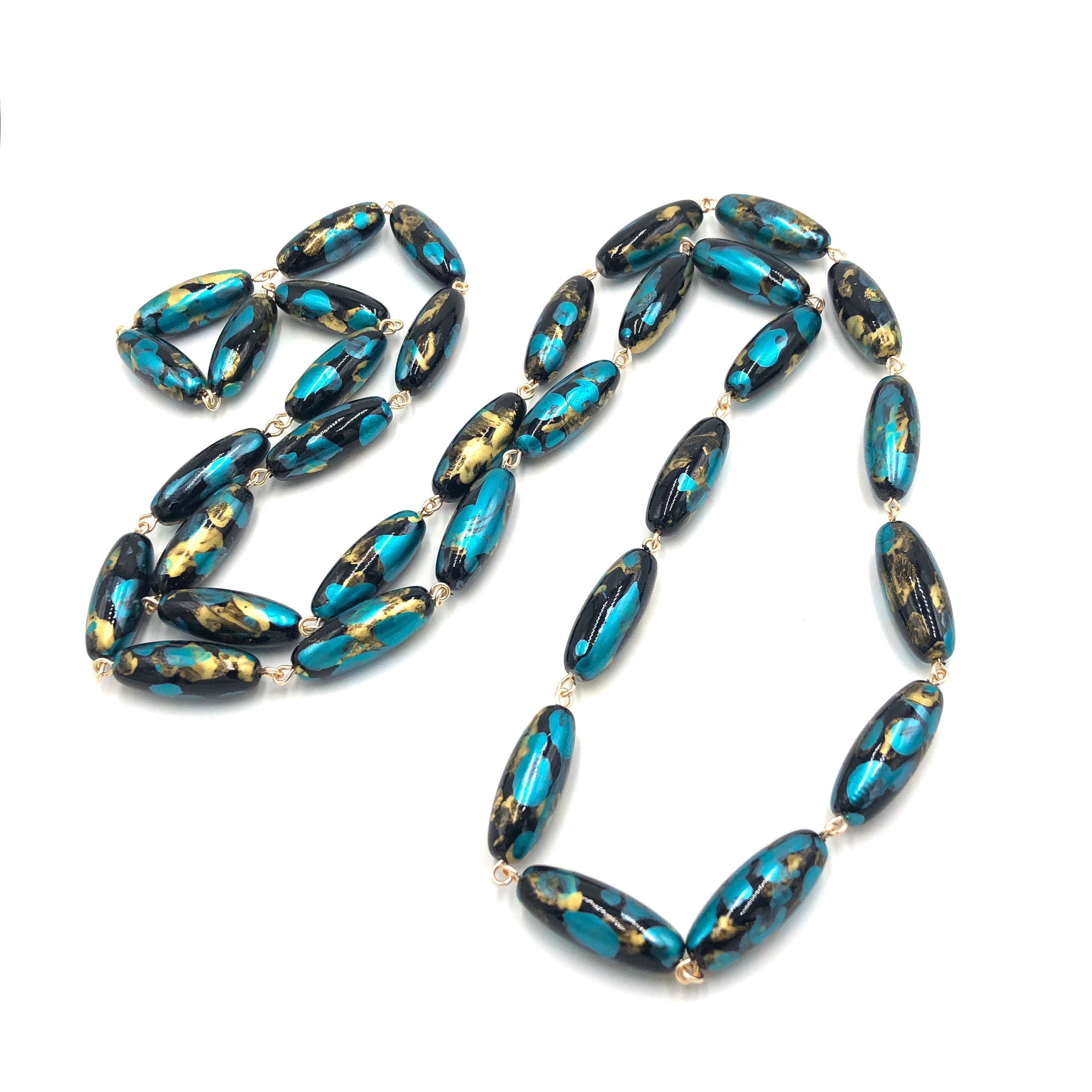 Teal & Gold Oval Painter Opera Necklace