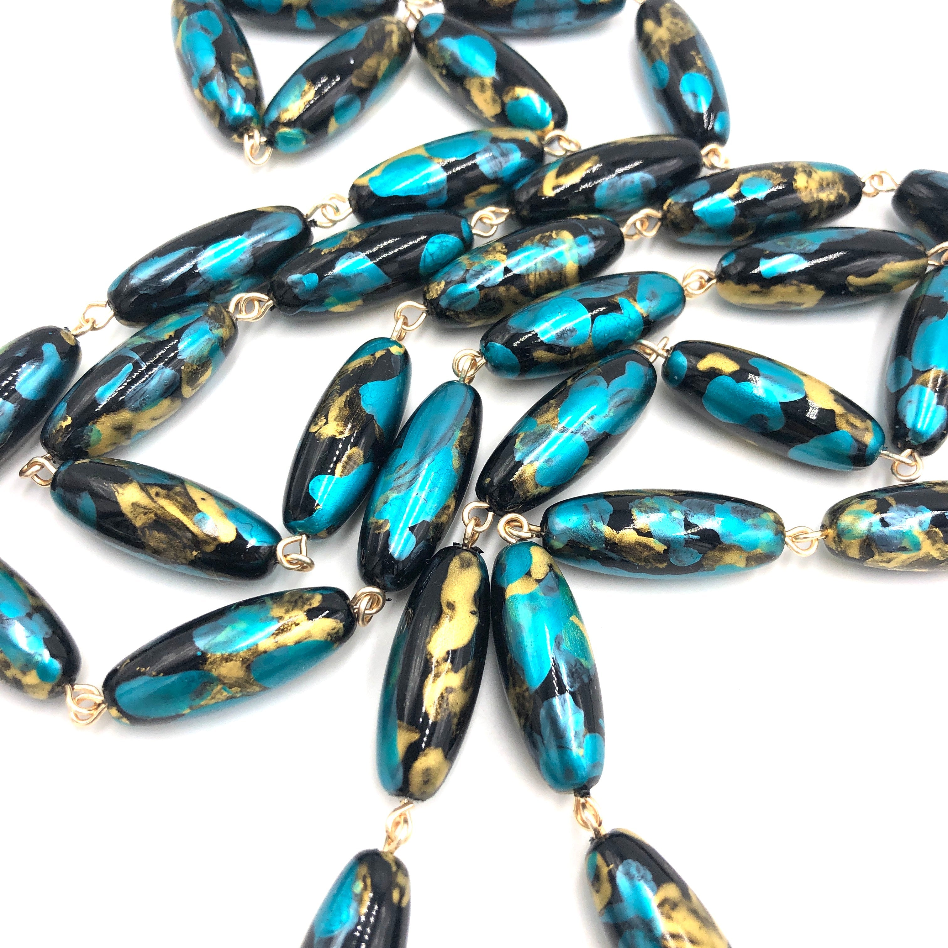 Teal & Gold Oval Painter Opera Necklace