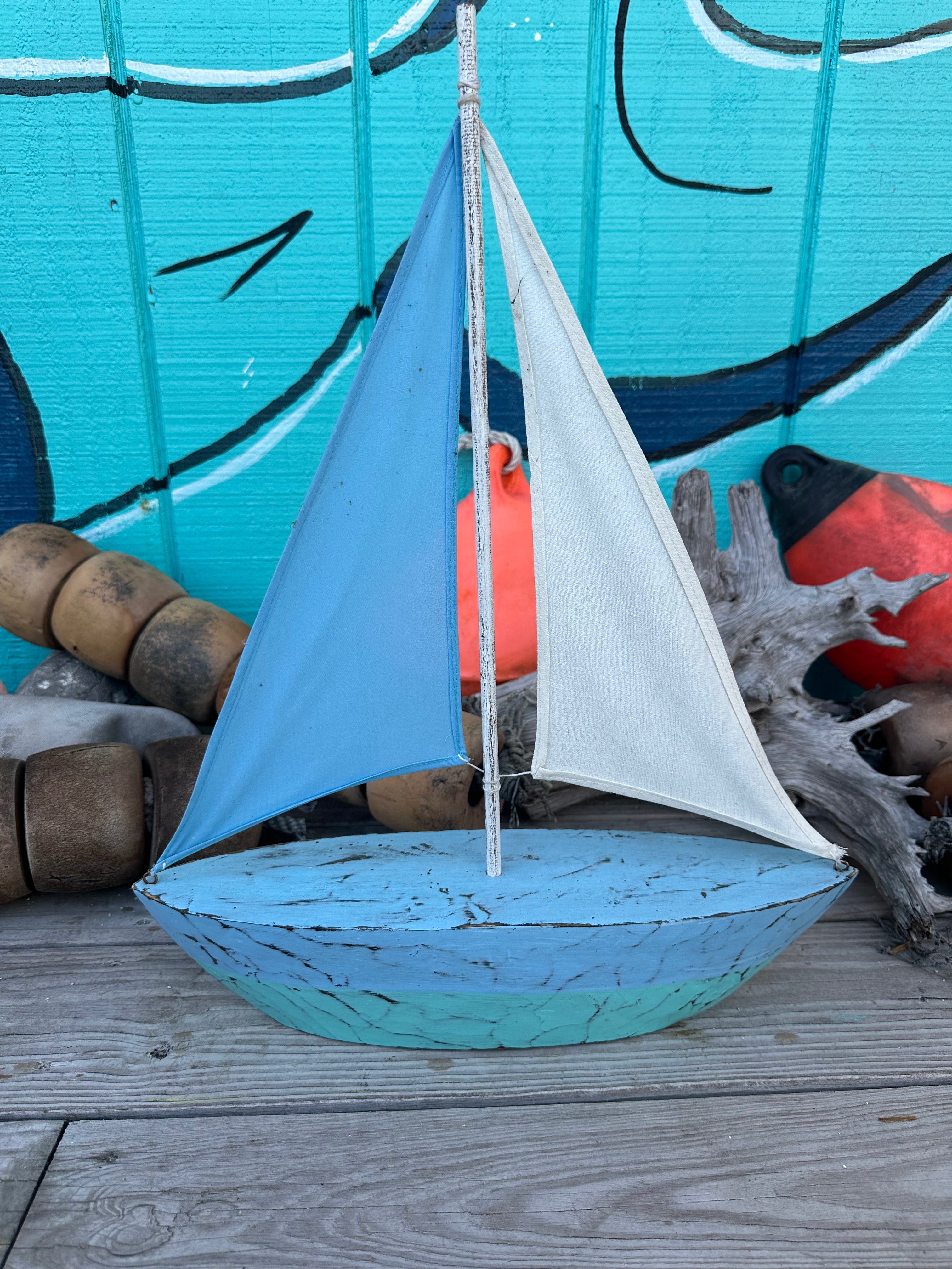 Blue & White Wooden Sailboat
