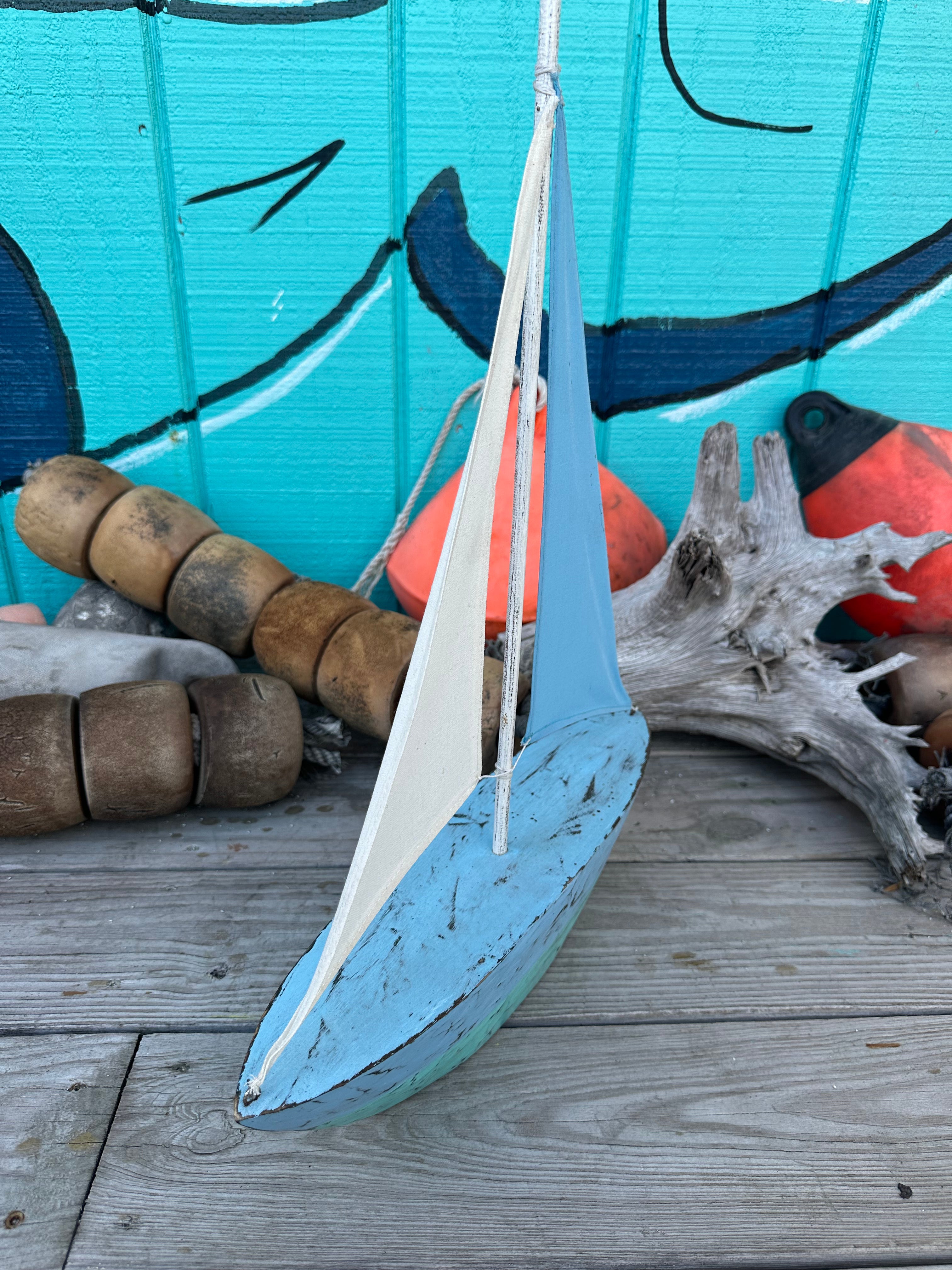Blue & White Wooden Sailboat