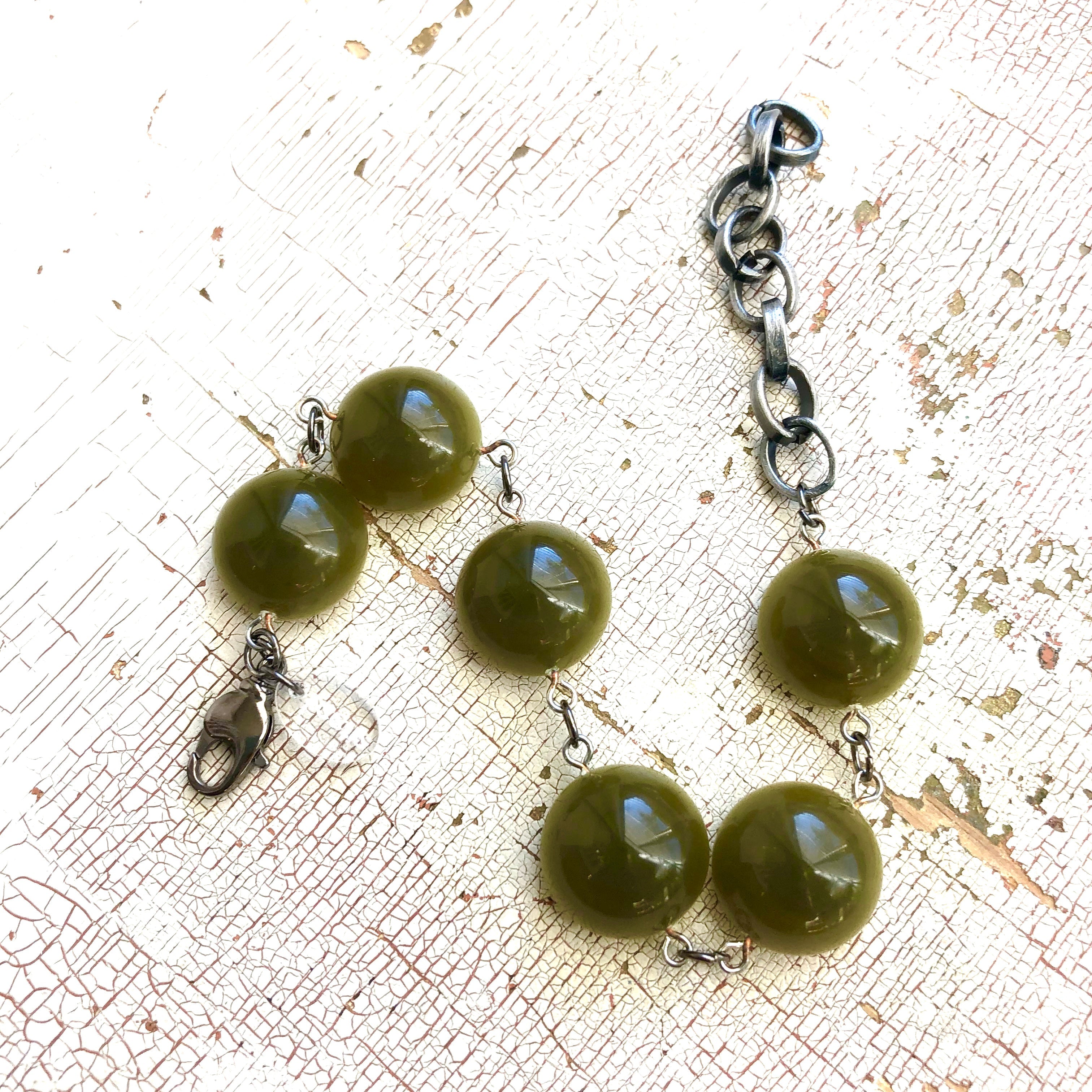 Olive Green Moonglow Disc Stations Bracelet