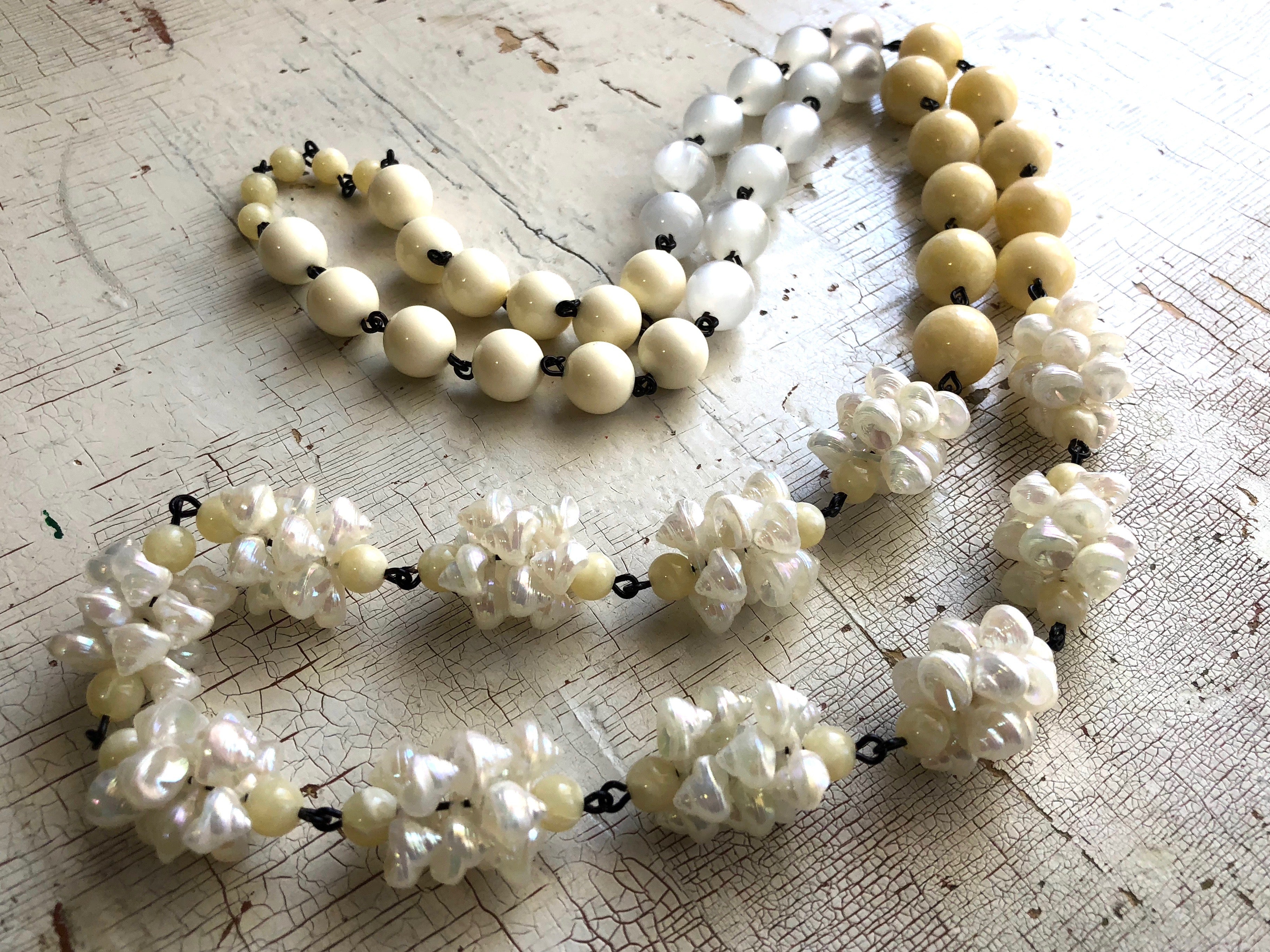 Cream & White Seashell Rosary Chain Rope Necklace