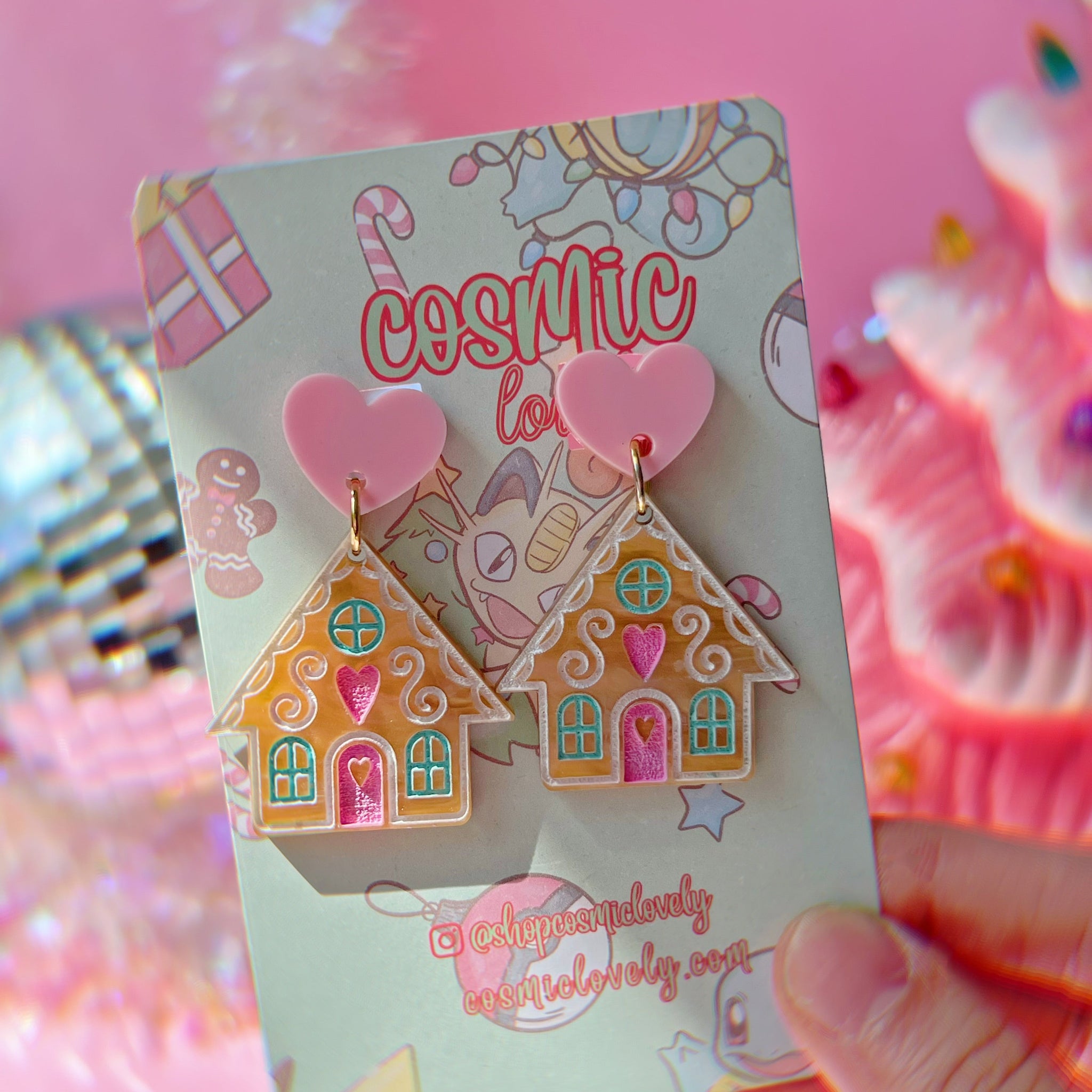 Pink Christmas Gingerbread House Earrings