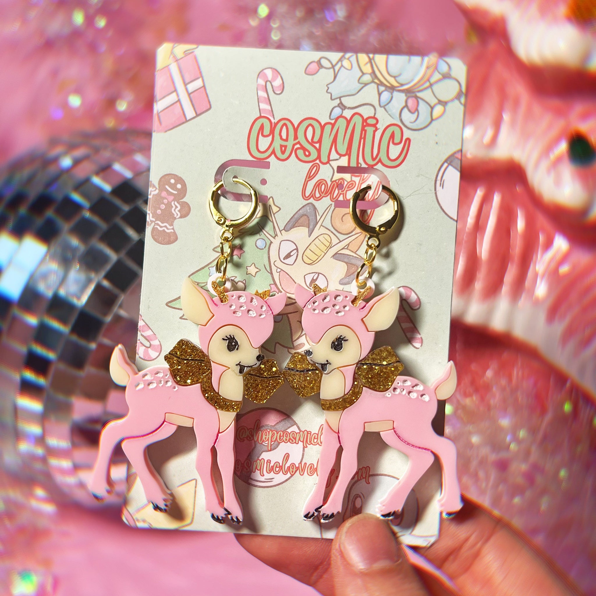 Retro Pink Christmas Deer Earrings