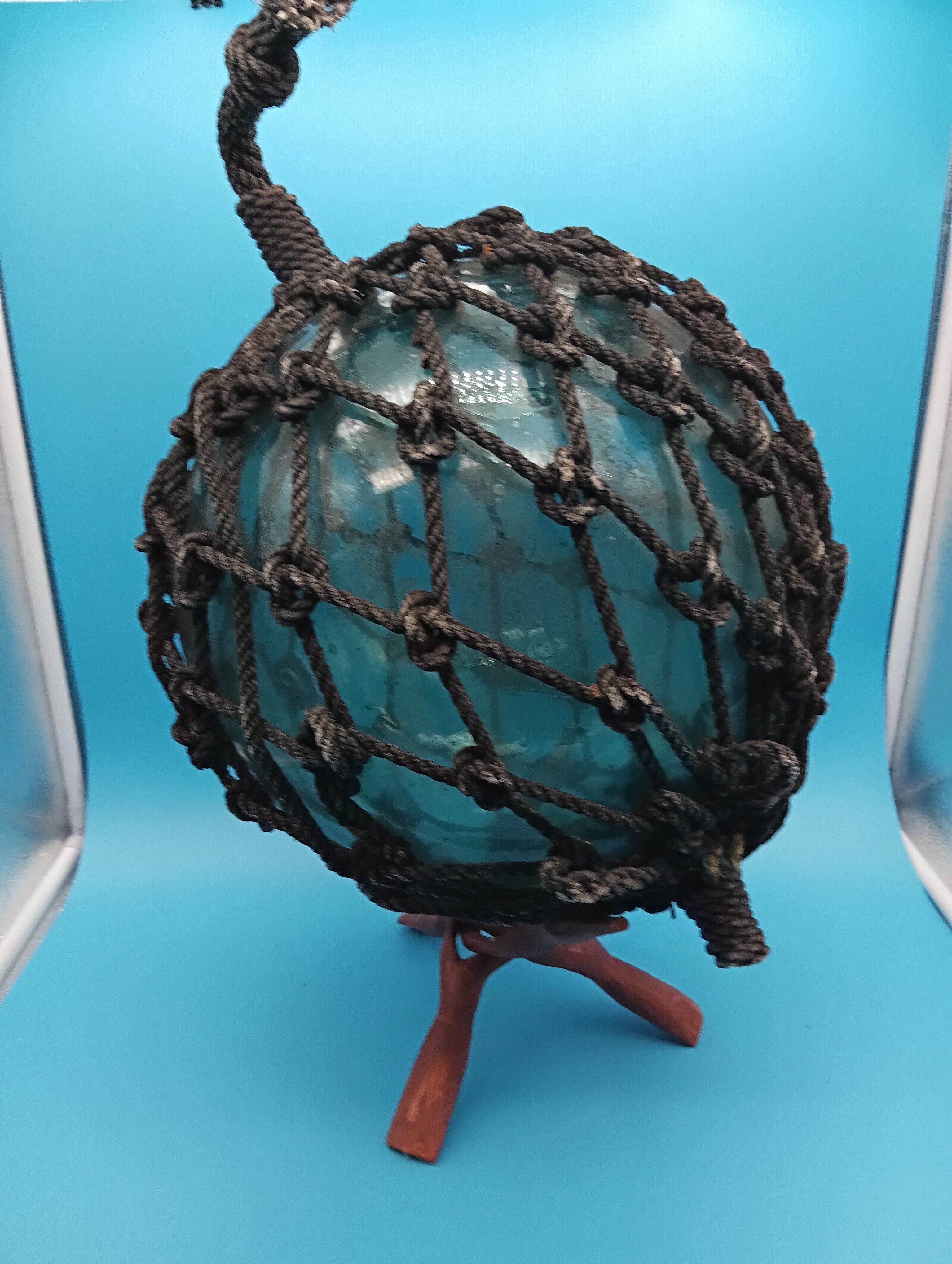 Japanese Glass Fishing Float with Net – 10.5" Aqua Blue-Green Coastal Decor