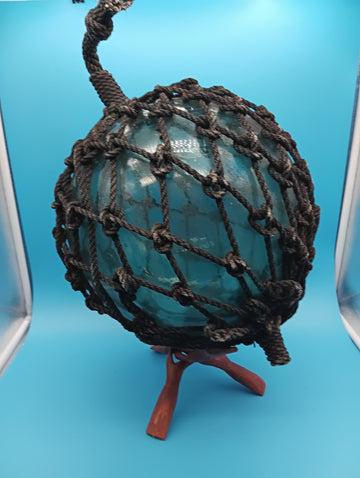 Japanese Glass Fishing Float with Net – 10.5" Aqua Blue-Green Coastal Decor