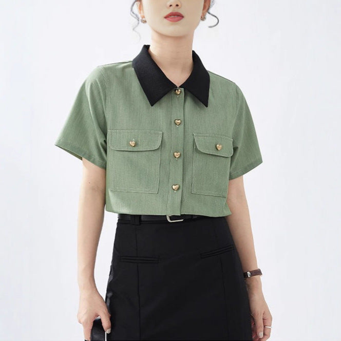 Color-block Turn-down Collar Shirt Women's  Vintage Heart-shaped Button Style Elegant Top