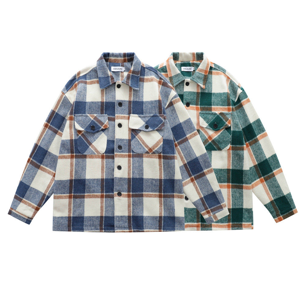 Retro Men's Jacket, Turn-down Collar Plaid Long Sleeve Casual Loose Fit Trendy Outwear for Men