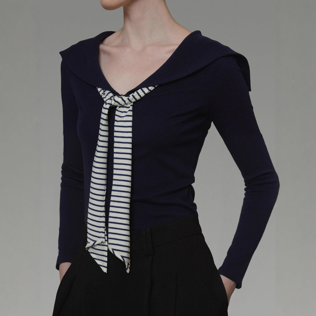 Vintage Navy Collar Knit Sweater Women Color-block Stripe Ribbon Slim Fit Stylish Top