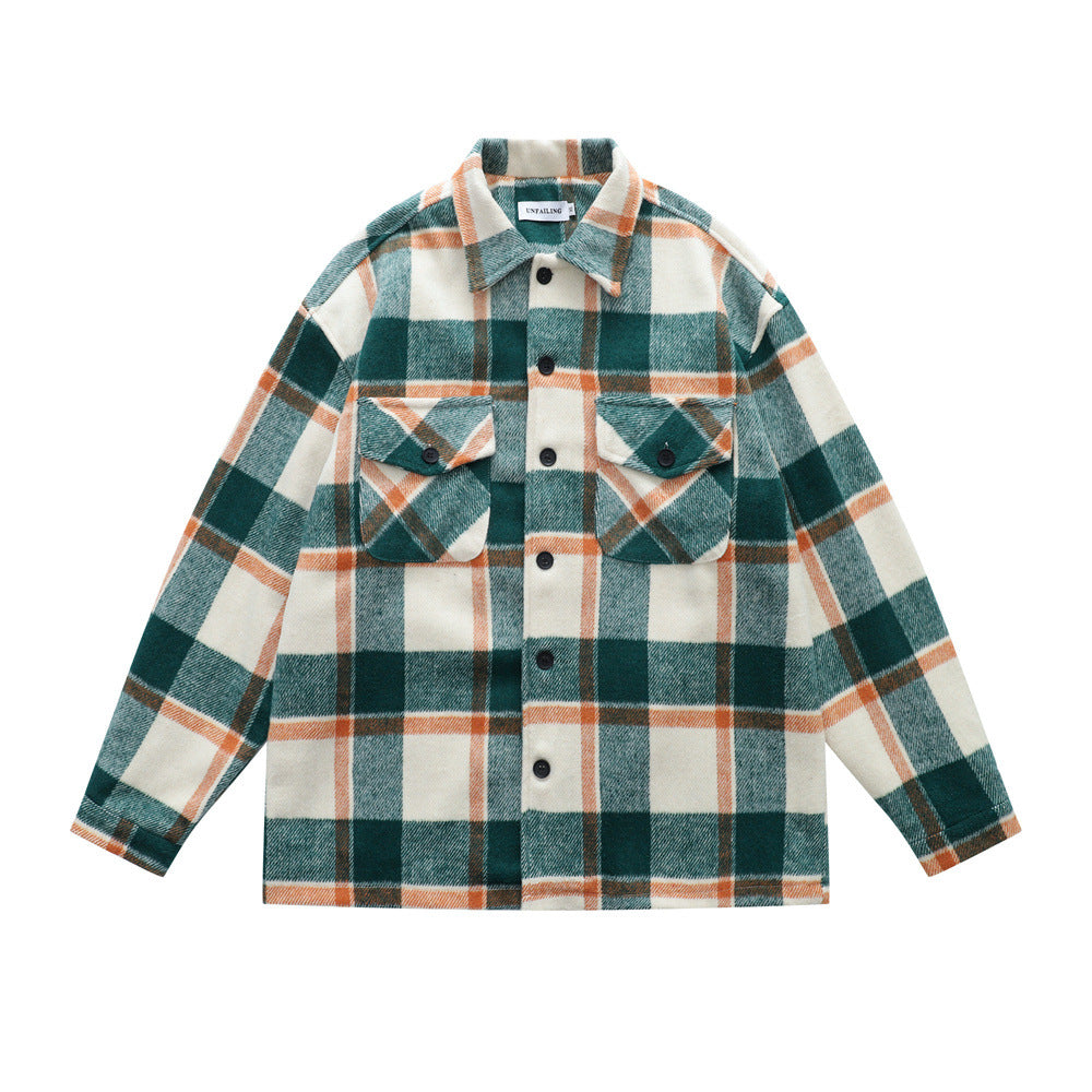 Retro Men's Jacket, Turn-down Collar Plaid Long Sleeve Casual Loose Fit Trendy Outwear for Men