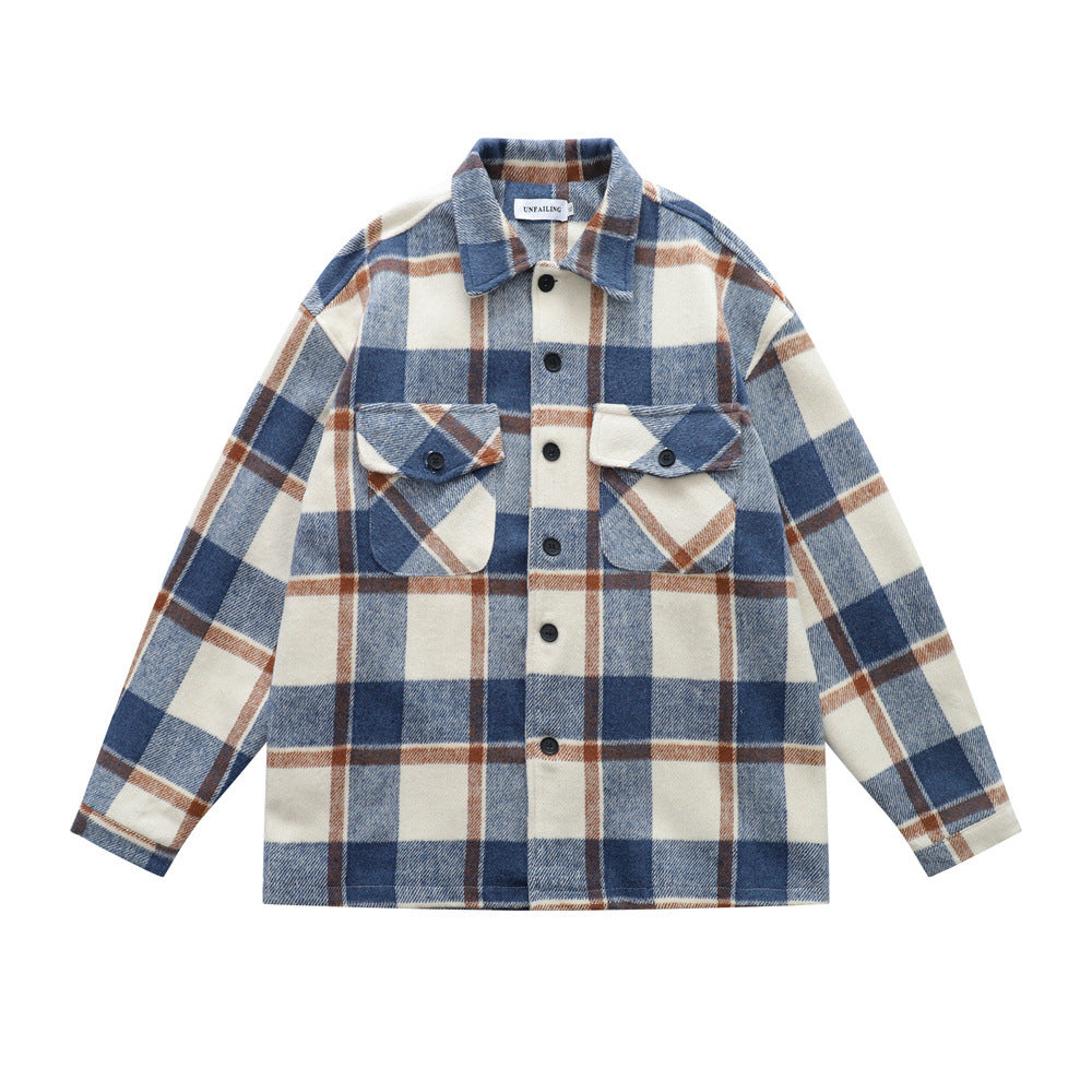 Retro Men's Jacket, Turn-down Collar Plaid Long Sleeve Casual Loose Fit Trendy Outwear for Men