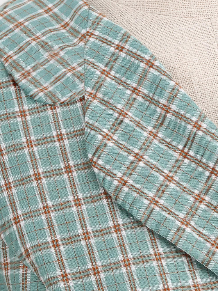 Plaid Wrap Collar Belted Fit & Flare Dress