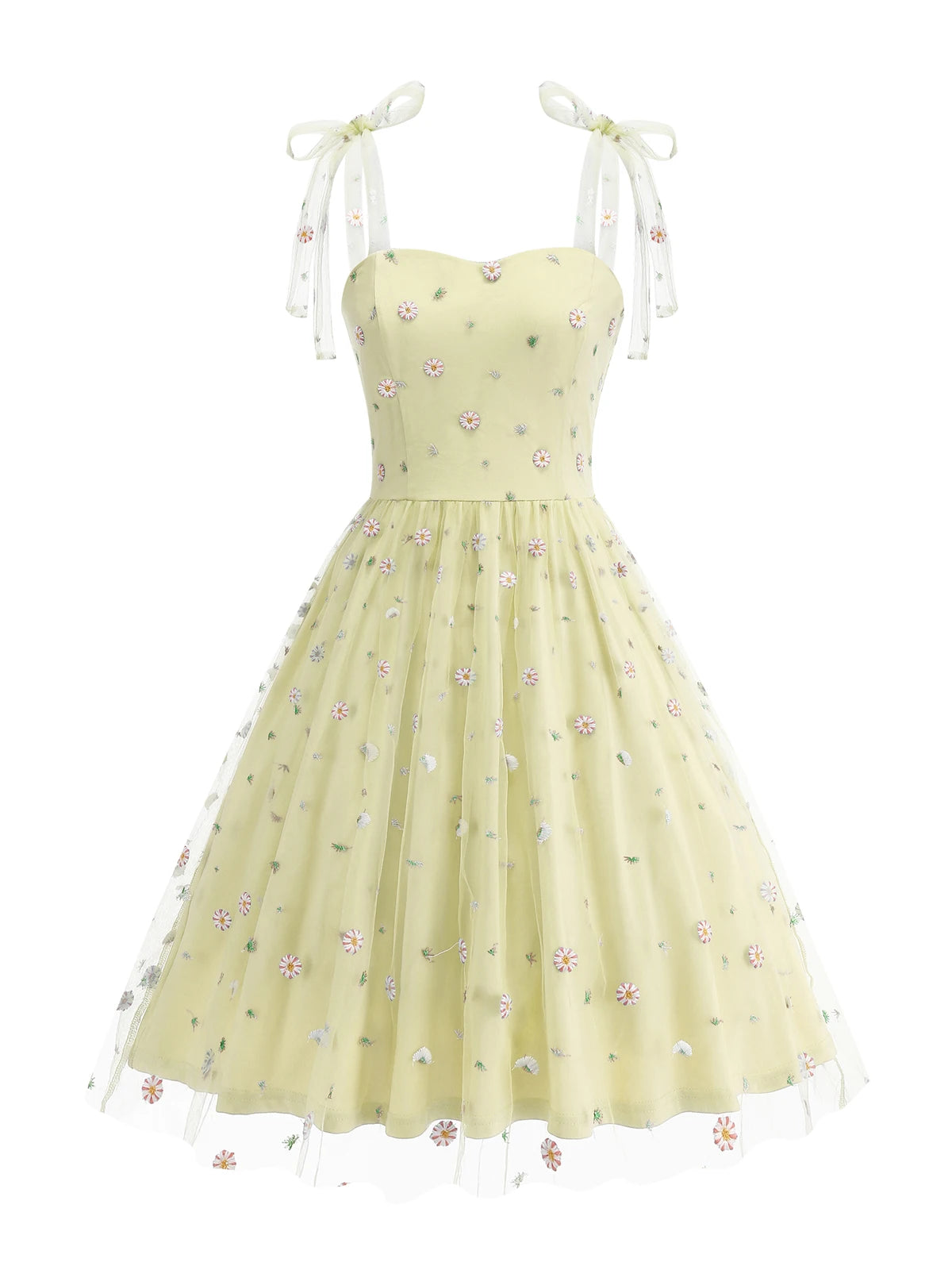 Embroidered Floral Tie Strap Midi Dress with Sheer Overlay