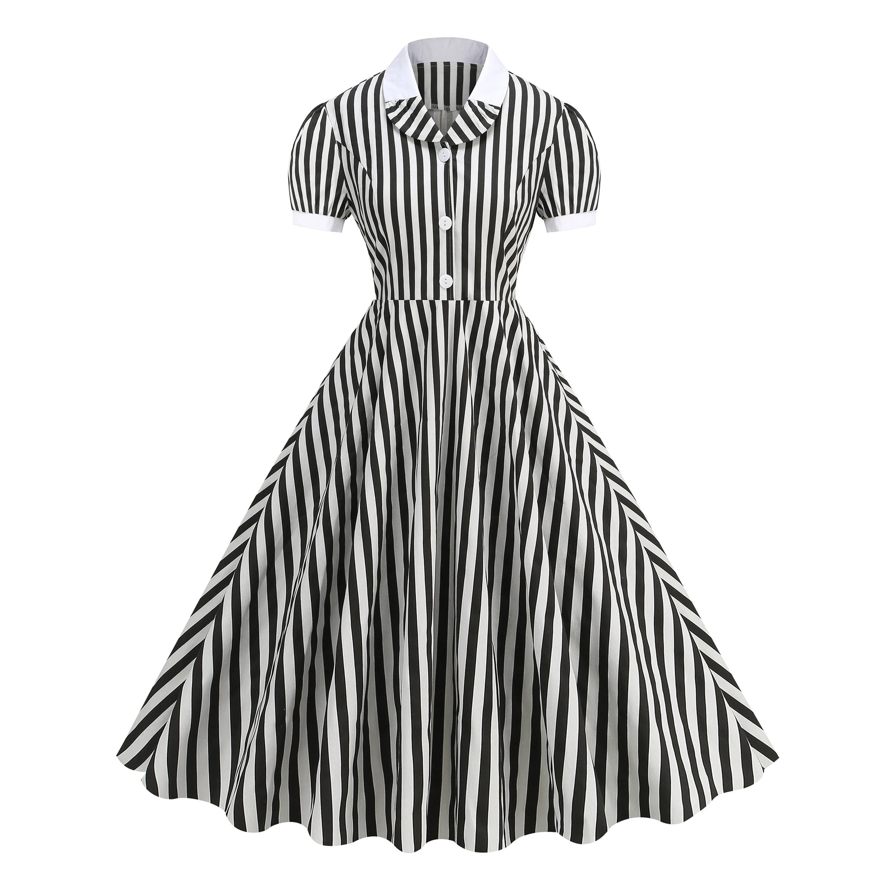 Vertical Stripe Collared Midi Dress with Button Front