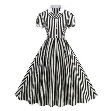 Vertical Stripe Collared Midi Dress with Button Front