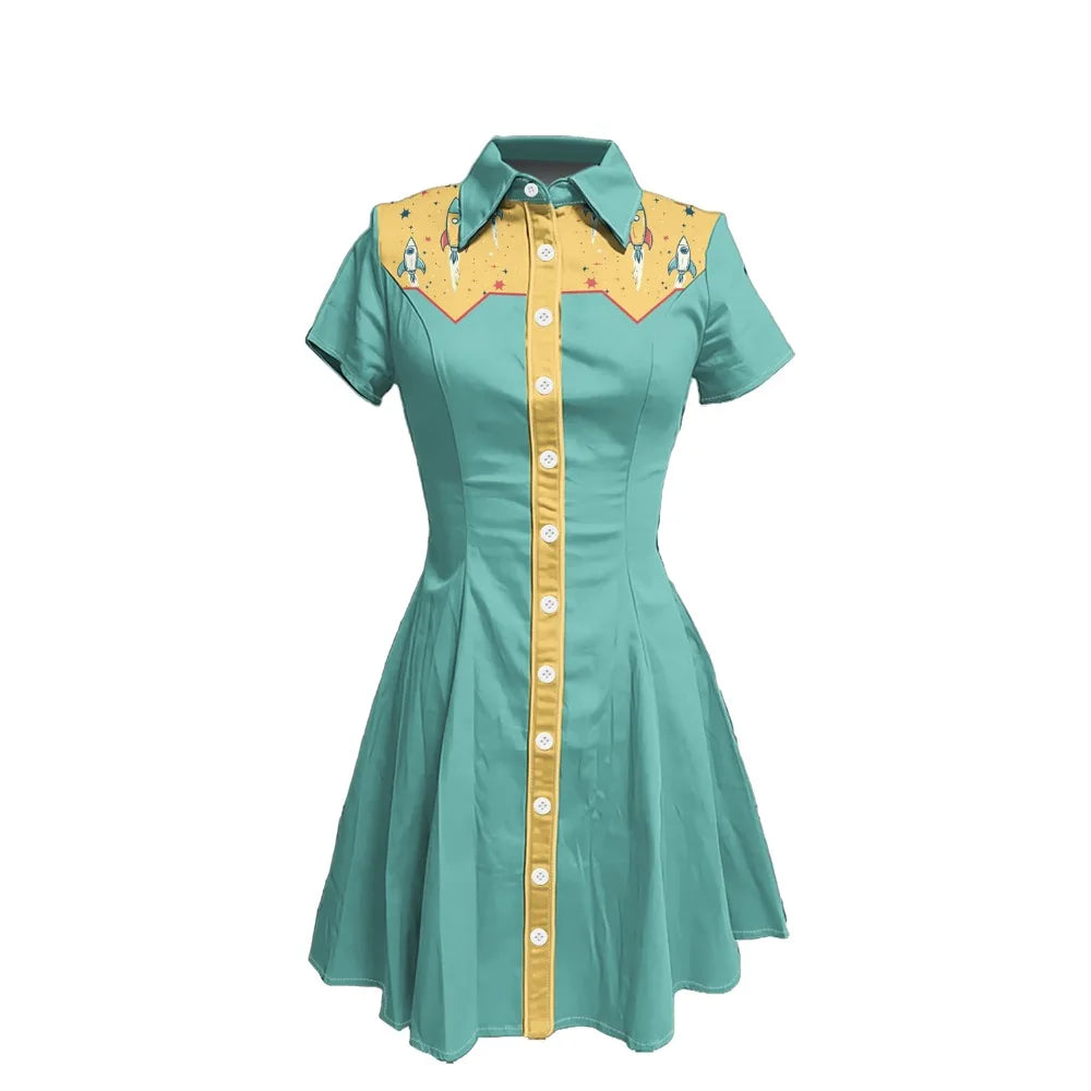 Short Sleeve Western-Style Button-Front Shirt Dress with Rocket Yoke Print
