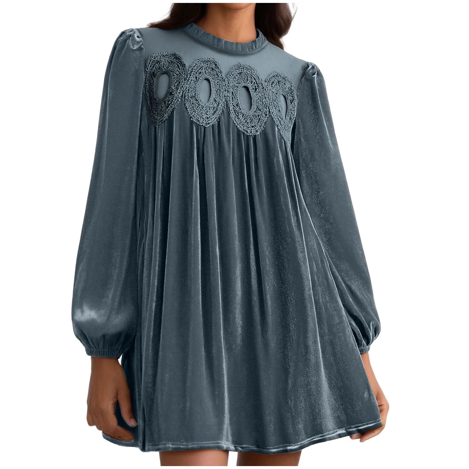 Velvet Long Sleeve Mini Dress with Embroidered Yoke