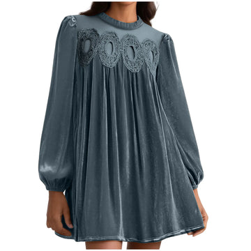 Velvet Long Sleeve Mini Dress with Embroidered Yoke
