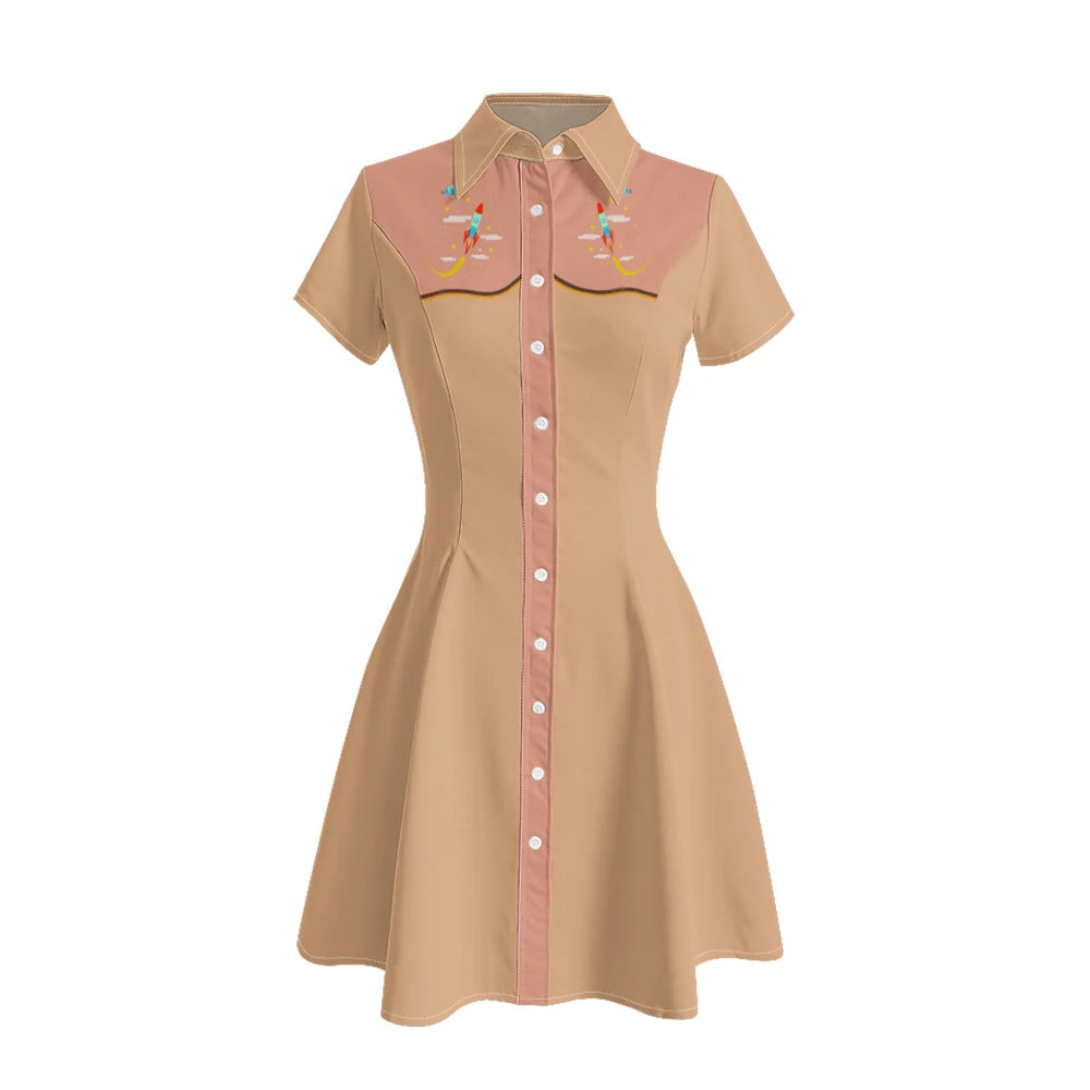 Short Sleeve Western-Style Button-Front Shirt Dress with Planet Yoke Print