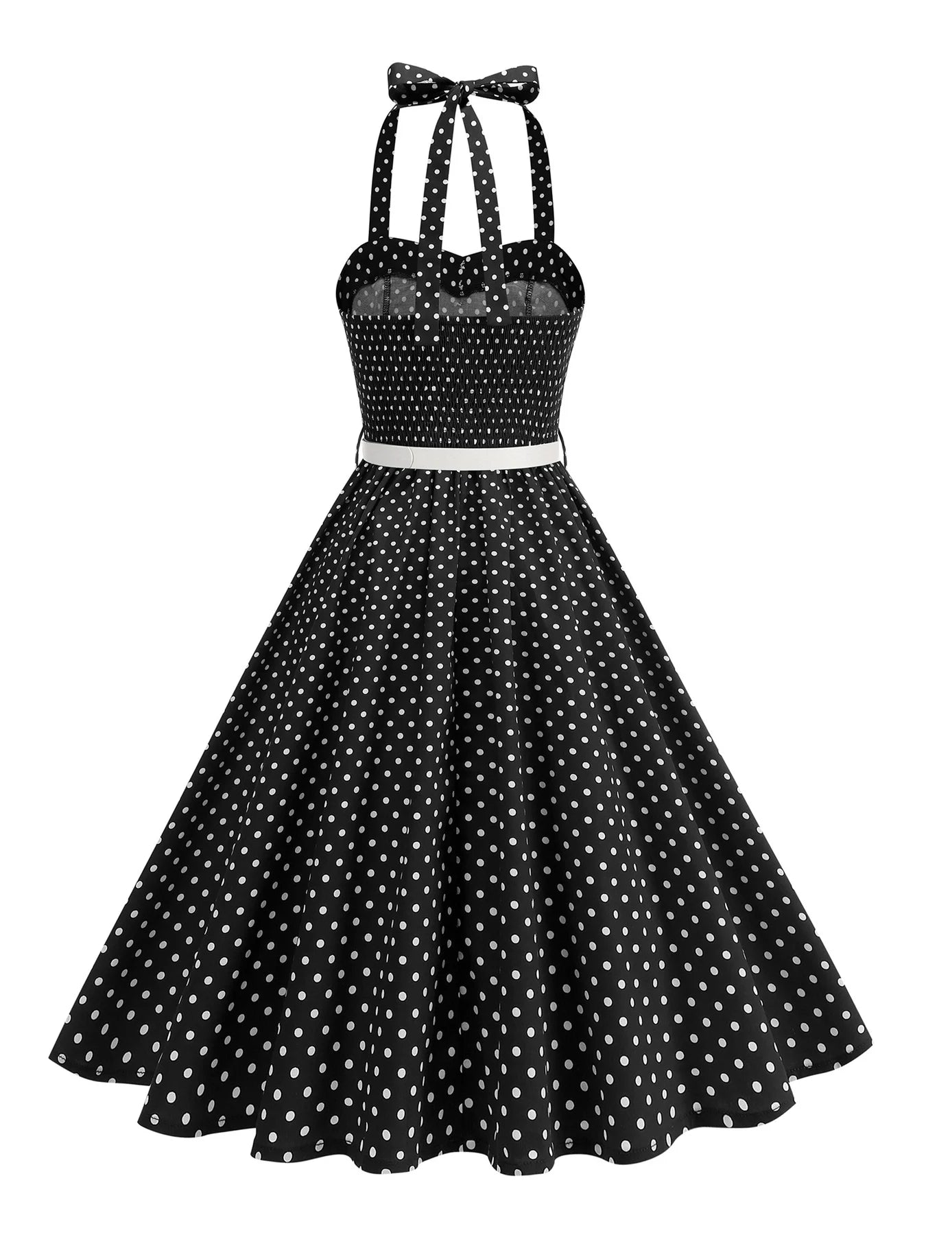 Polka Dot Trim Halter Belted Dress