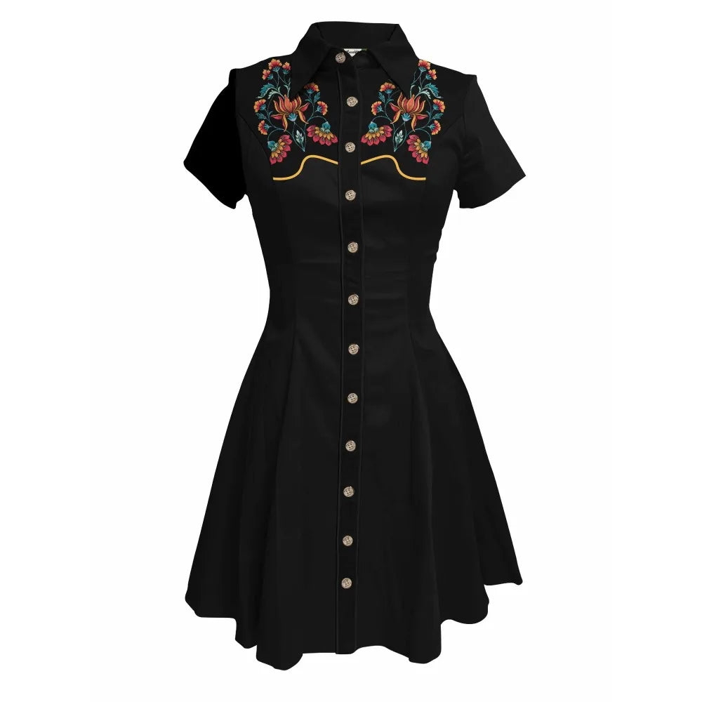 Short Sleeve Button-Front Shirt Dress with Rose Yoke Graphic