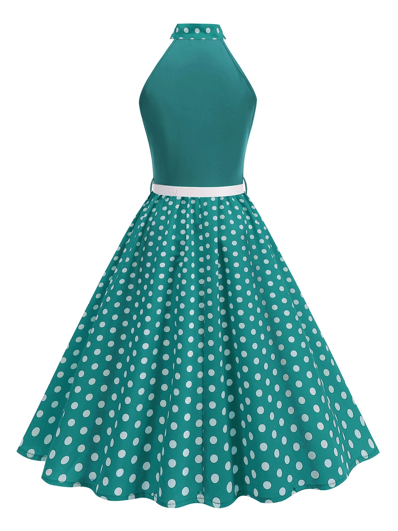 Halter Neck Polka Dot Midi Dress with Bow and Belt