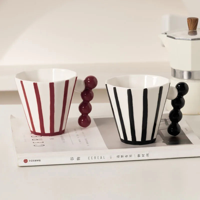 Mid-Century Mod Striped Latte Mug with Sculpted Handle