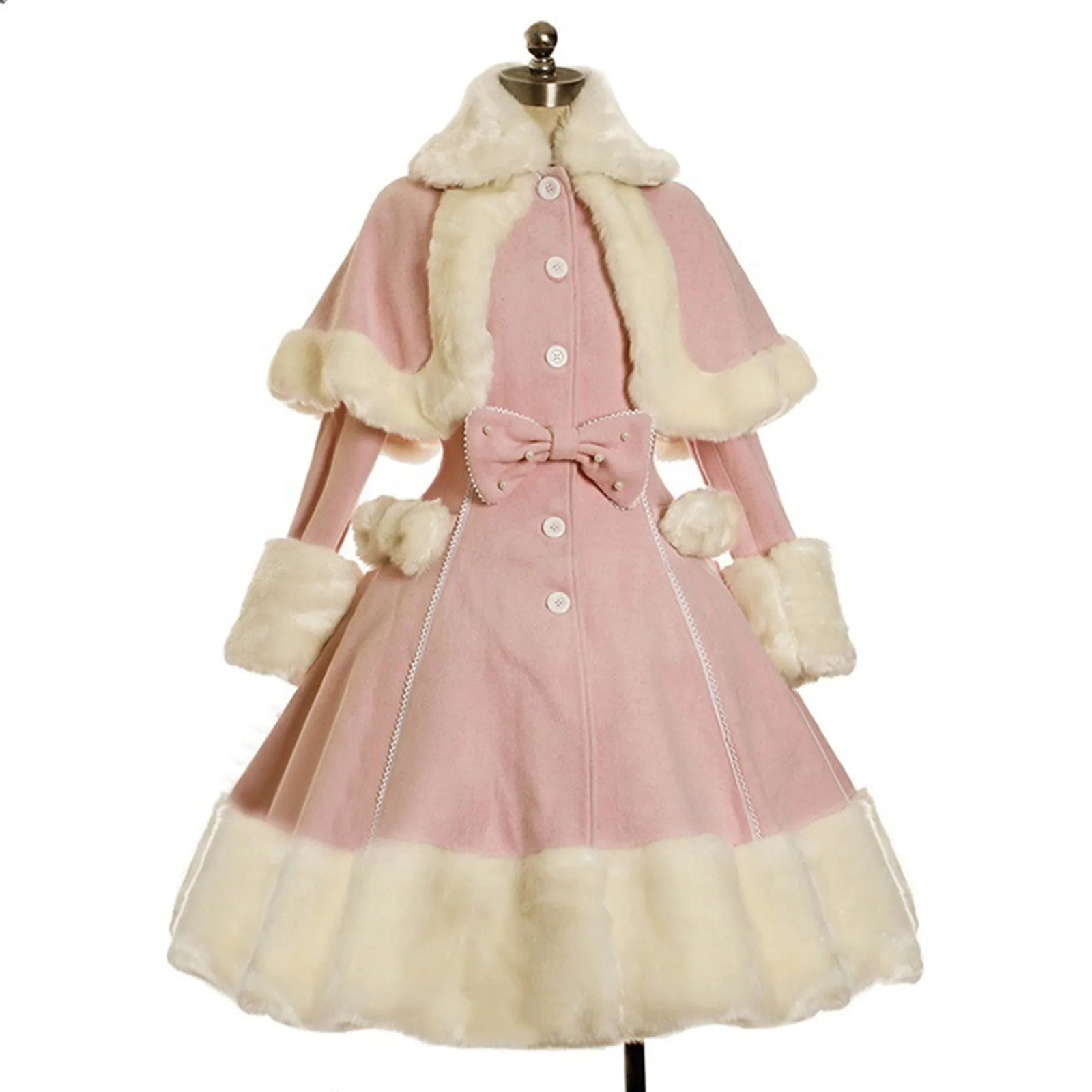 Faux Fur Trim Button Front Coat Dress with Bow Detail