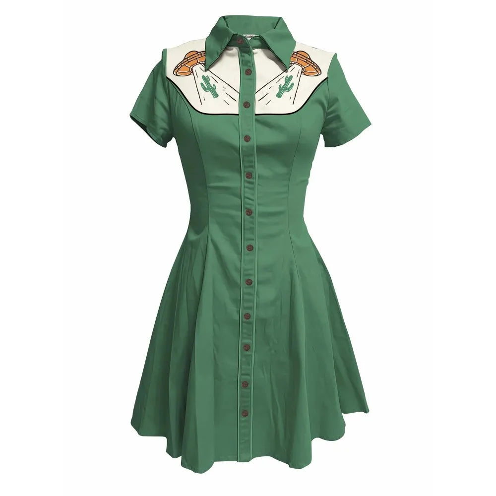 Short Sleeve Western-Inspired Button-Front Shirt Dress with Cactus Embroidery