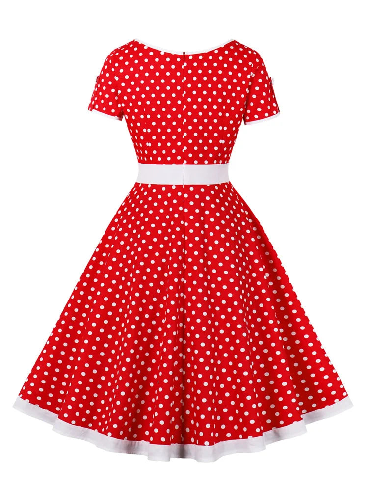 Polka Dot Short Sleeve Midi Dress with Waist Band