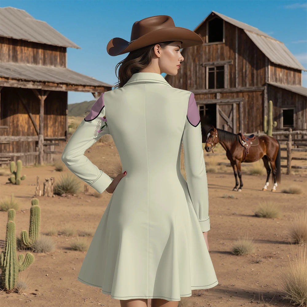 Long Sleeve Western-Style Button-Front Shirt Dress with Floral Yoke Graphic