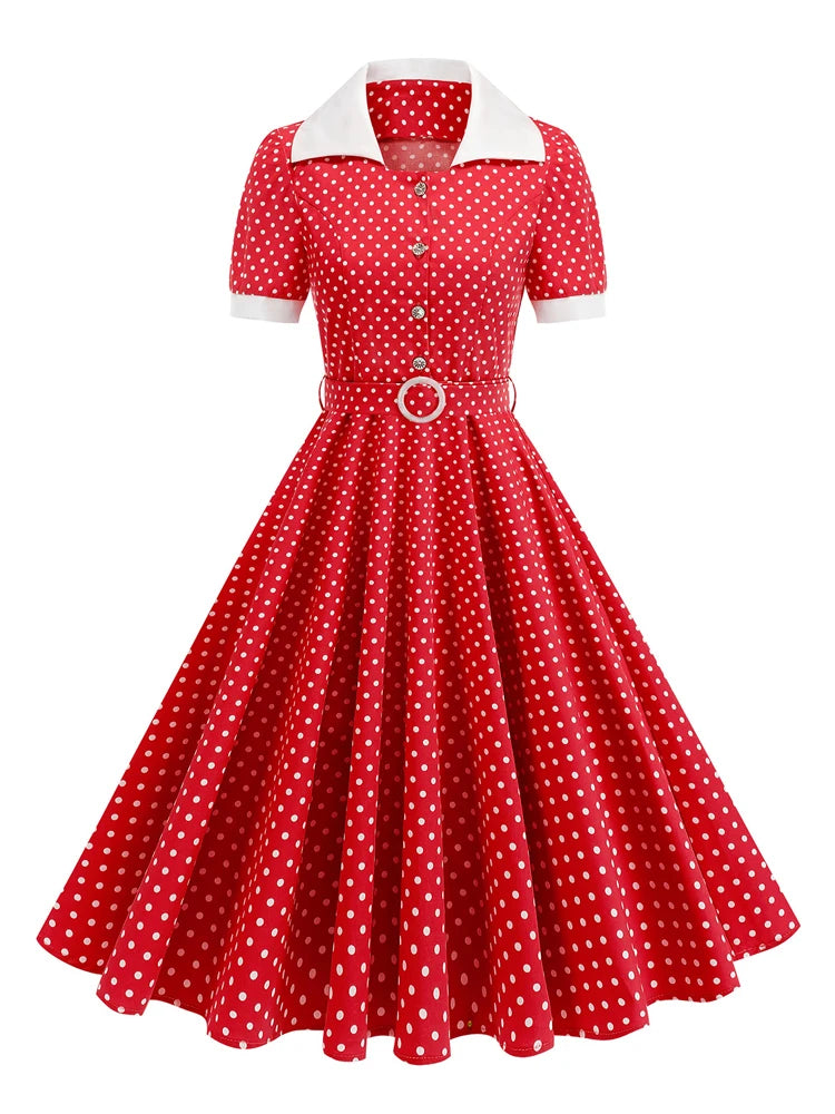 Polka Dot Collared Belted Midi Dress