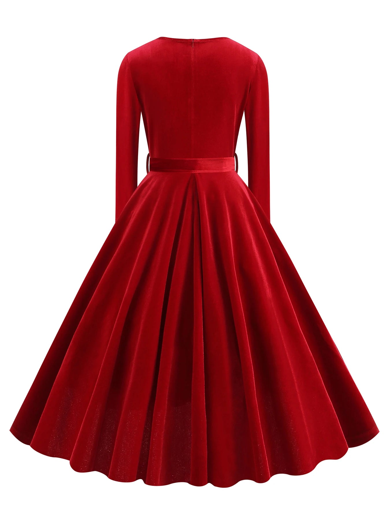 Long Sleeve V-Neck Belted Fit & Flare Dress
