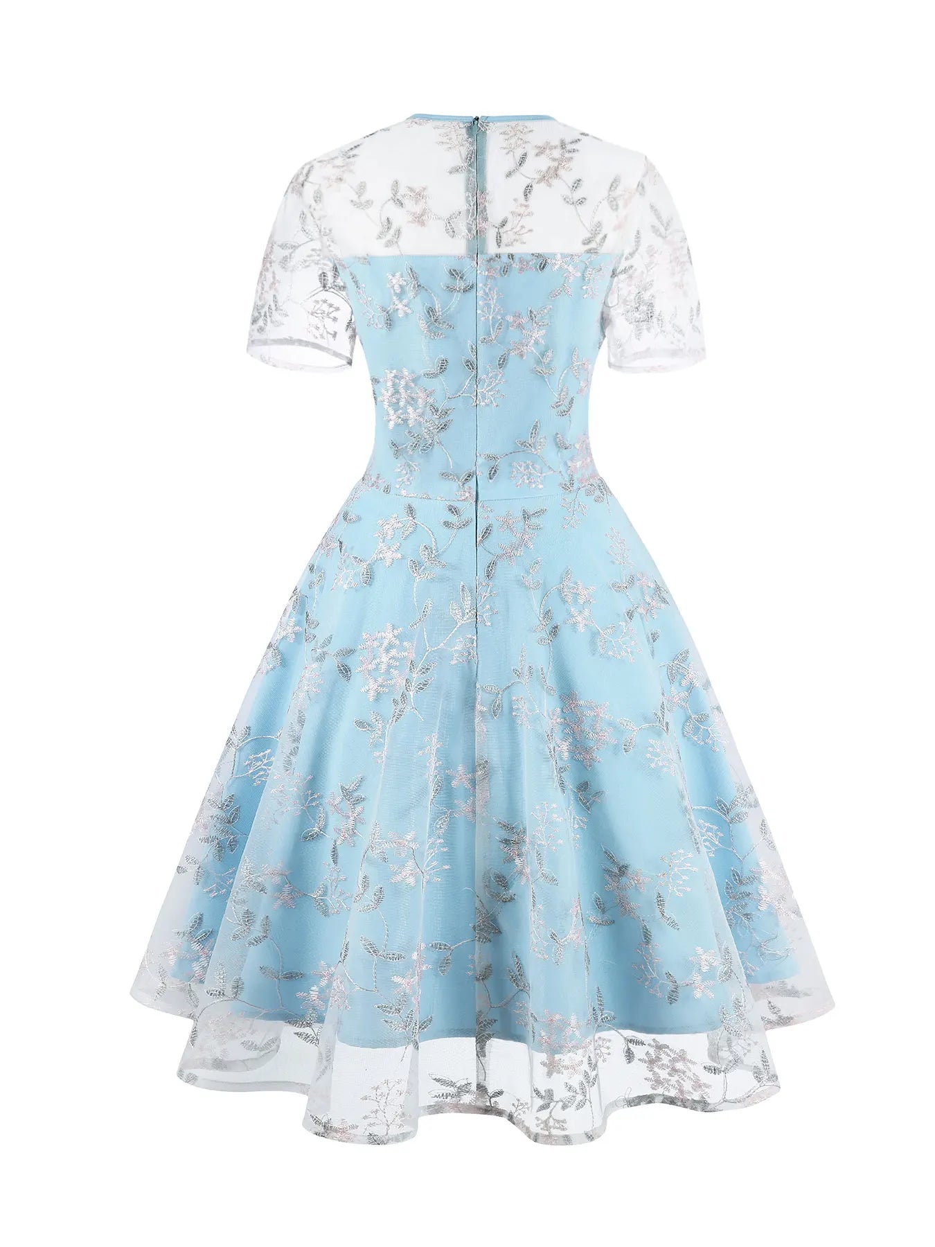 Embroidered Sheer Overlay Midi Dress with Tie Neck