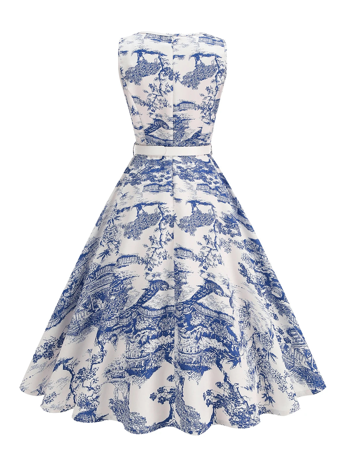 Scenic Print Belted Fit & Flare Dress
