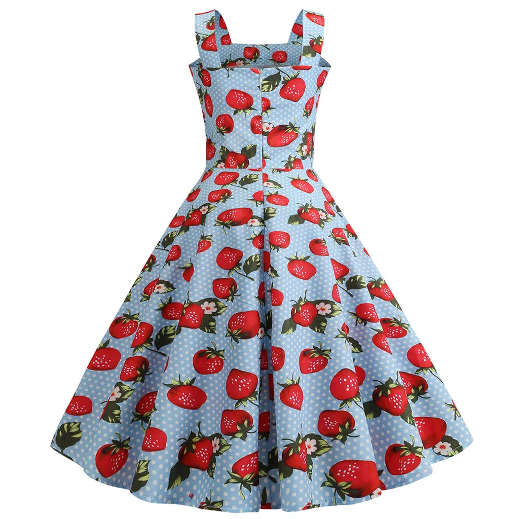 Square Neck Cherry Print Fit and Flare Dress