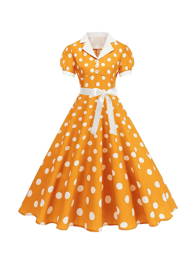 Vintage Polka Dot Pleated Summer Dress Women 1950s 60s Notched Collar Short Sleeve Belted Elegant Retro Clothing