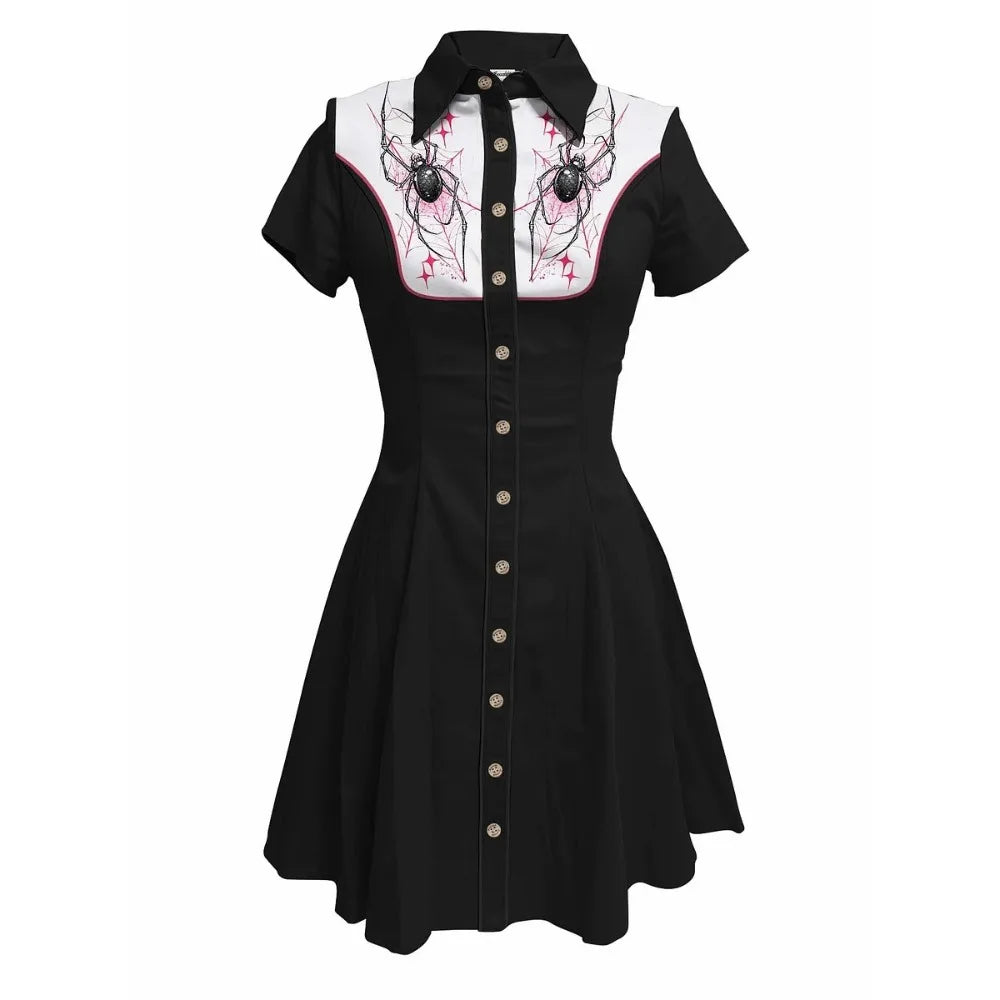 Short Sleeve Button-Front Shirt Dress with Spiderweb Yoke Graphic